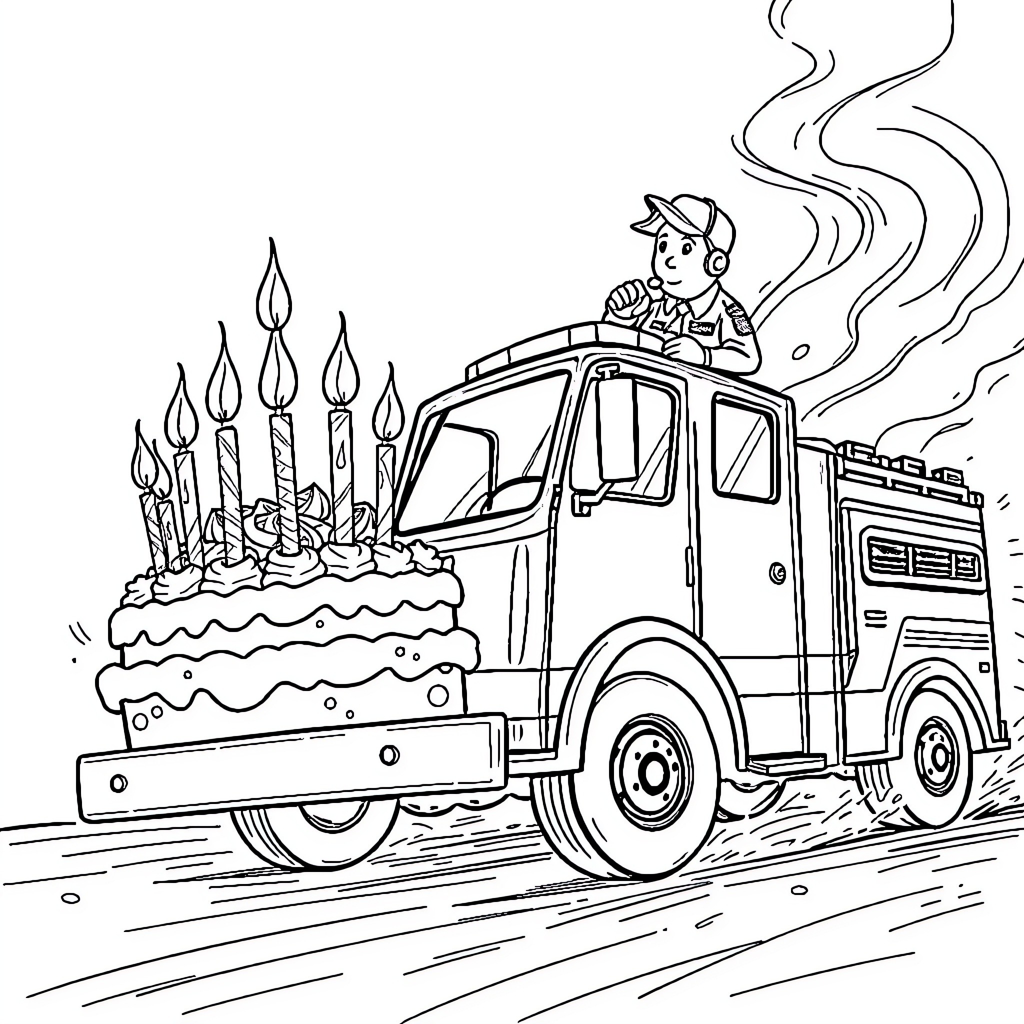 Fire Truck Celebrating Birthday with Cake on the Road Coloring Page (free black-and-white line drawing printable PDF for all, from beginners to advanced learners, including children, teens, adults, and seniors)