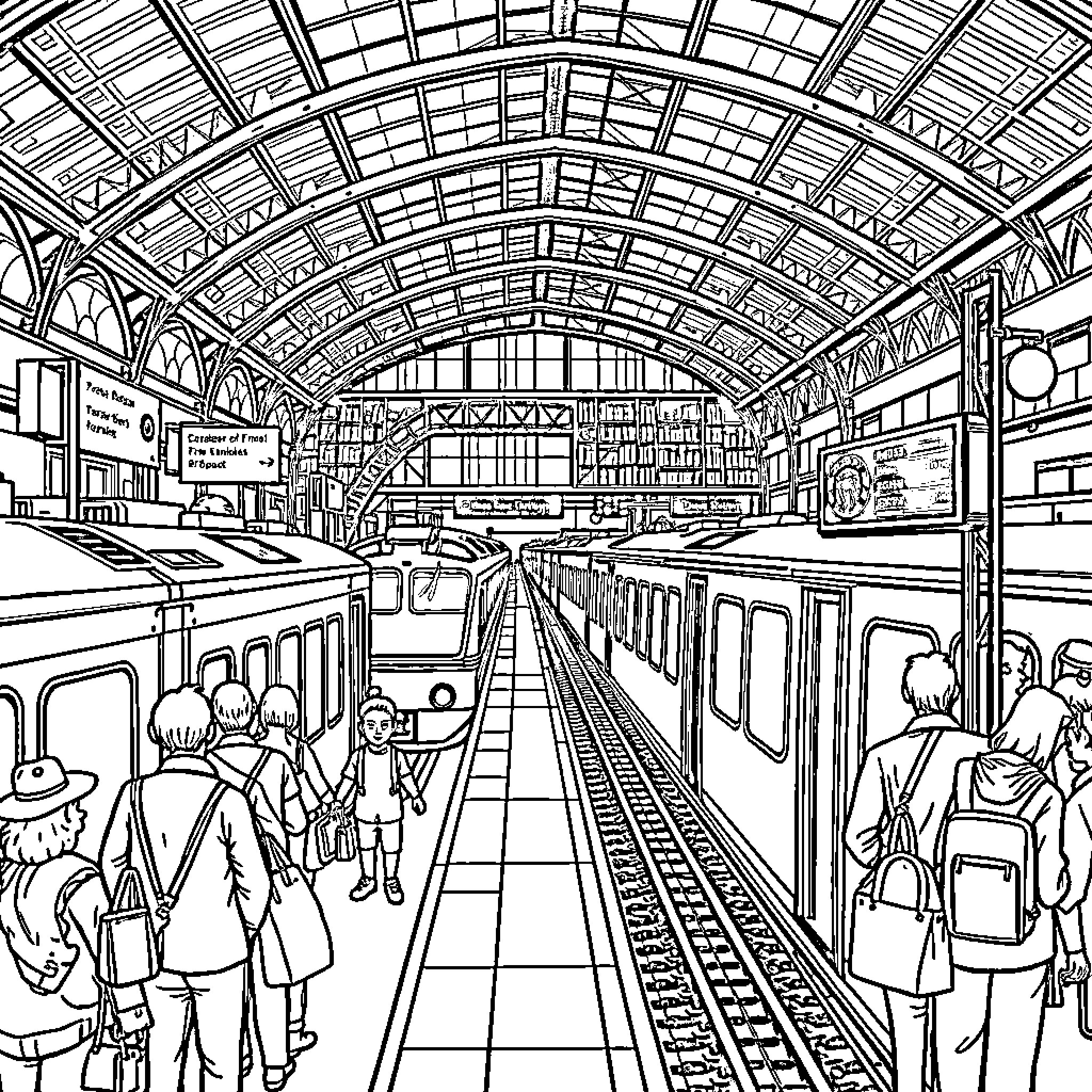 Train Station with Busy Commuters and Bustling Activity Coloring Page (free black-and-white line drawing printable PDF for all, from beginners to advanced learners, including children, teens, adults, and seniors)