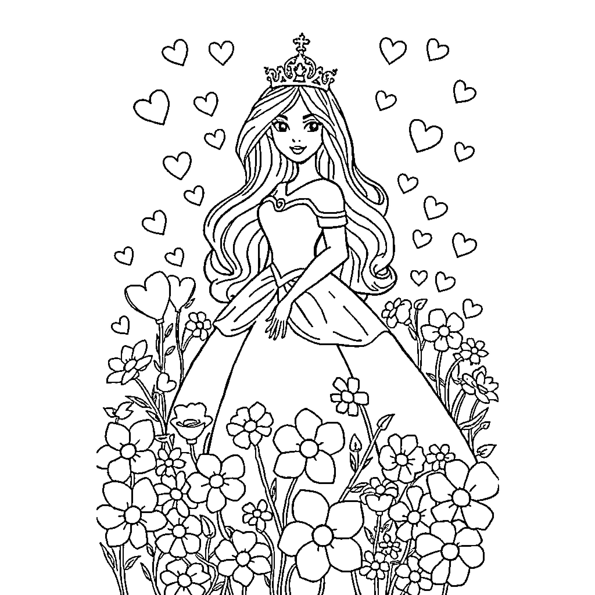 Princess Surrounded by Blooming Flowers and Hearts Coloring Page (free black-and-white line drawing printable PDF for all, from beginners to advanced learners, including children, teens, adults, and seniors)