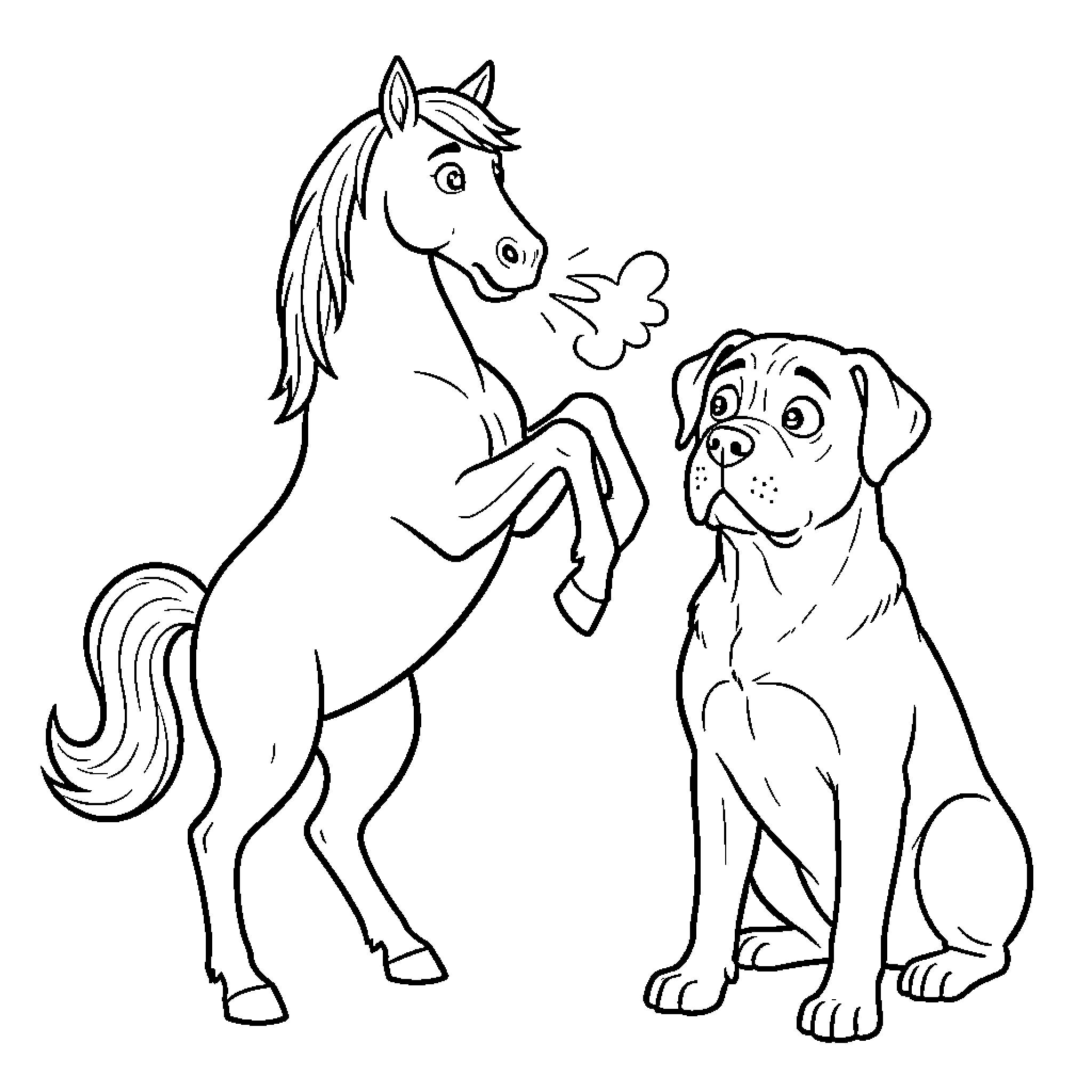 Horse playing with friendly dog Coloring Page (free black-and-white line drawing printable PDF for all, from beginners to advanced learners, including children, teens, adults, and seniors)