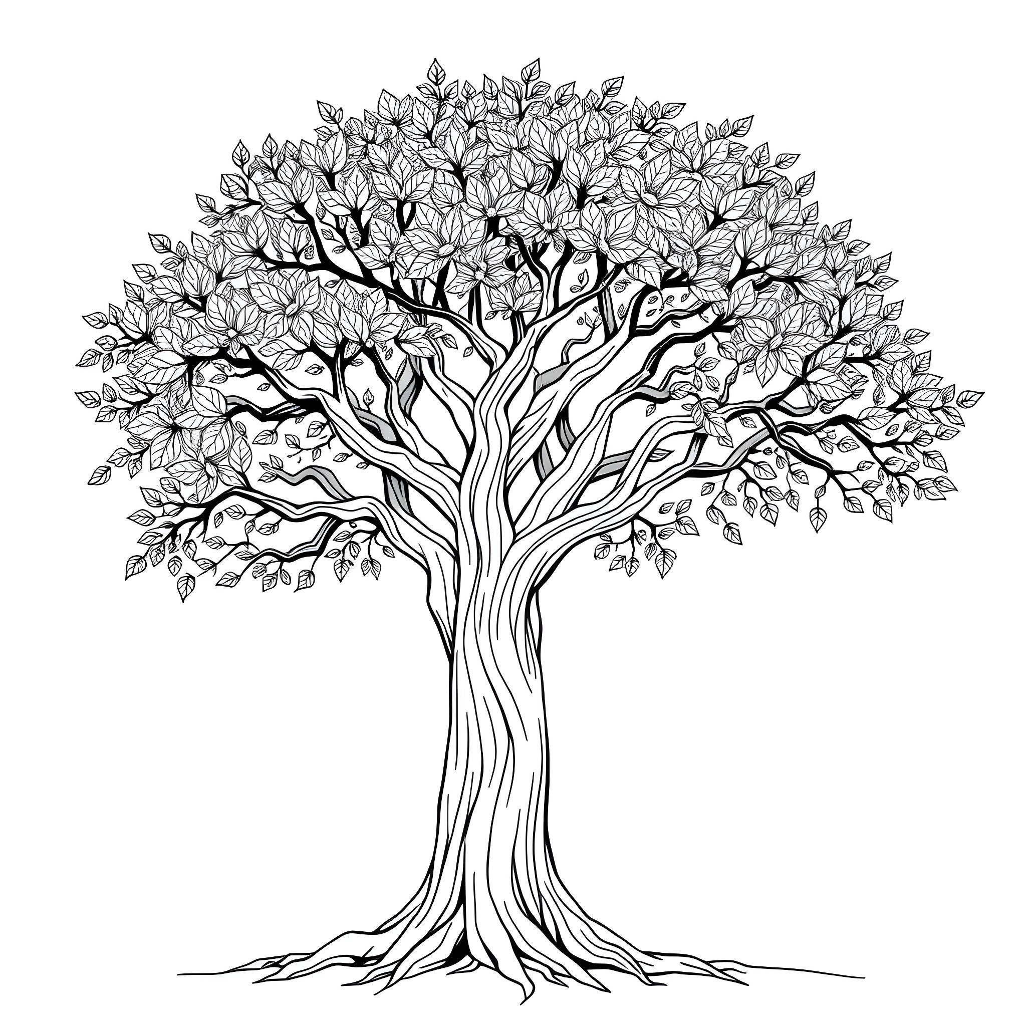 Tree of Lush Foliage and Intricate Branches Coloring Page (free black-and-white line drawing printable PDF for all, from beginners to advanced learners, including children, teens, adults, and seniors)
