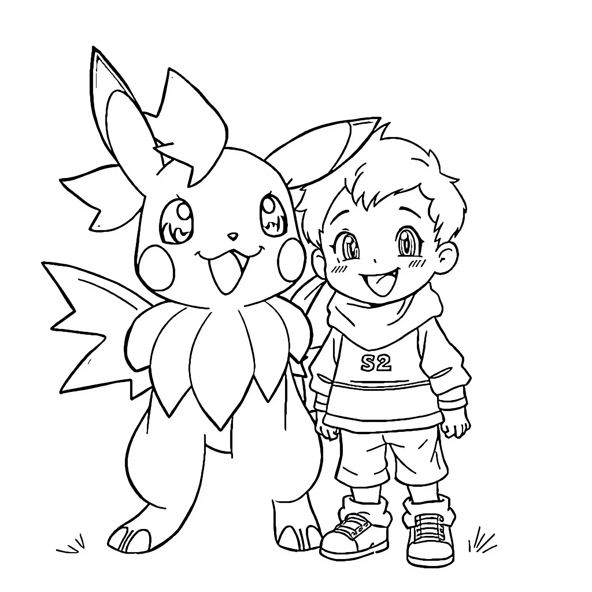 Pokémon friends in happy adventure Coloring Page (free black-and-white line drawing printable PDF for all, from beginners to advanced learners, including children, teens, adults, and seniors)