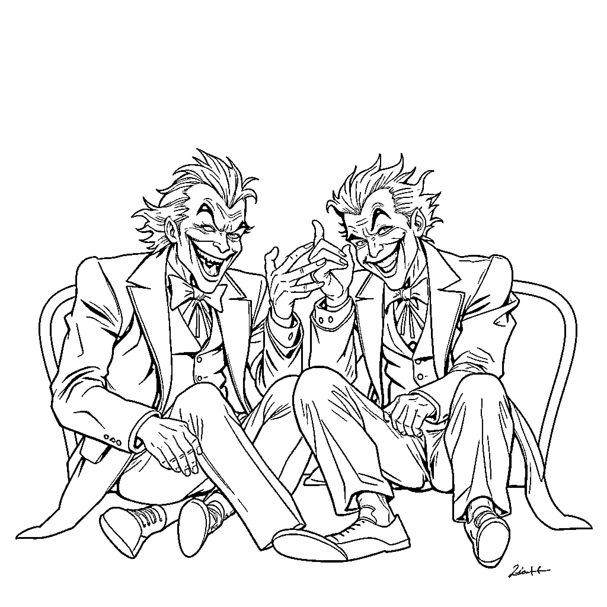 Joker and his mischievous companions in conversation Coloring Page (free black-and-white line drawing printable PDF for all, from beginners to advanced learners, including children, teens, adults, and seniors)