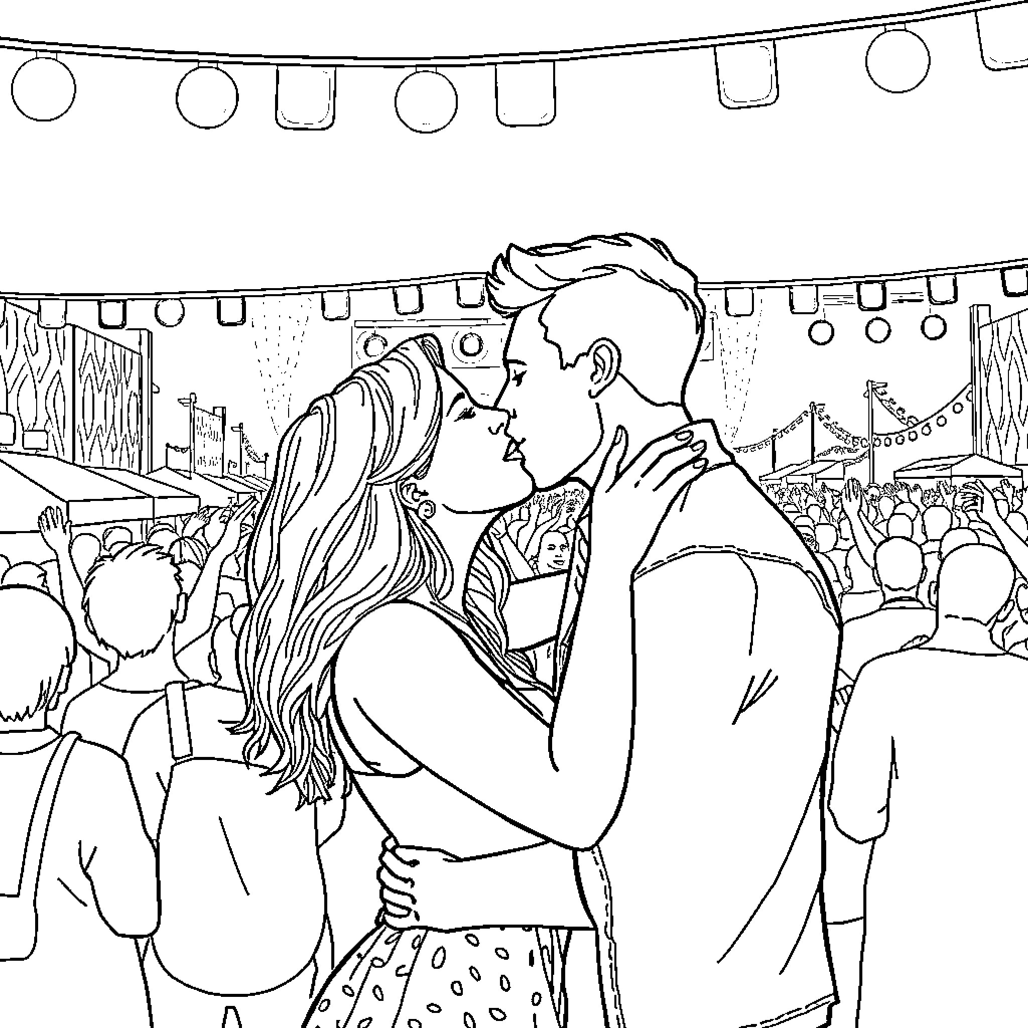 Couple embracing at a festival Coloring Page (free black-and-white line drawing printable PDF for all, from beginners to advanced learners, including children, teens, adults, and seniors)