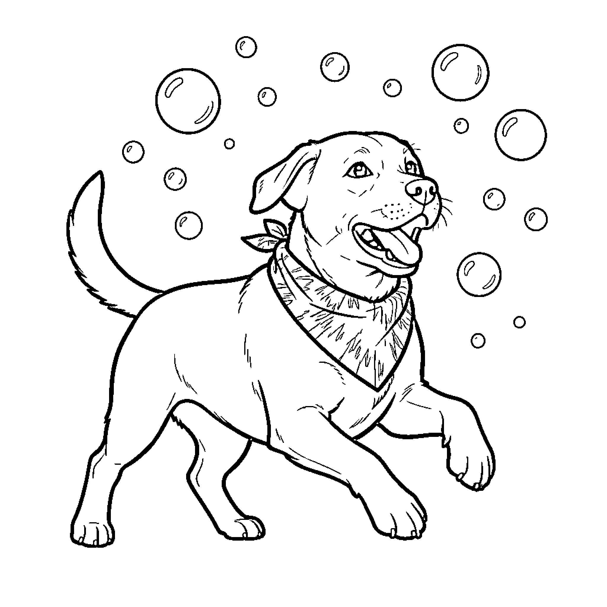 Labrador wearing a bandana playing with bubbles Coloring Page (free black-and-white line drawing printable PDF for all, from beginners to advanced learners, including children, teens, adults, and seniors)