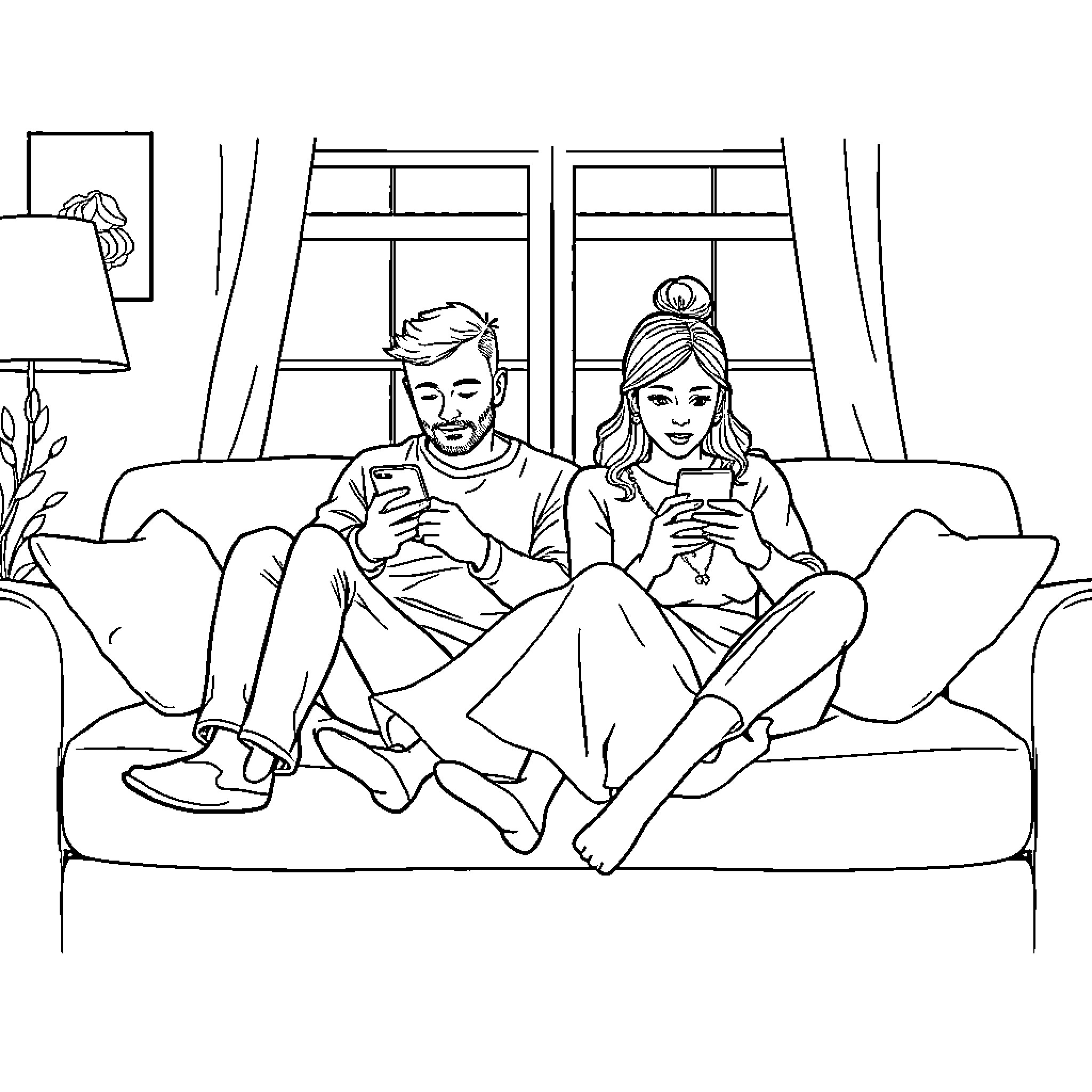 Couple relaxing on the couch with their mobile phones Coloring Page (free black-and-white line drawing printable PDF for all, from beginners to advanced learners, including children, teens, adults, and seniors)