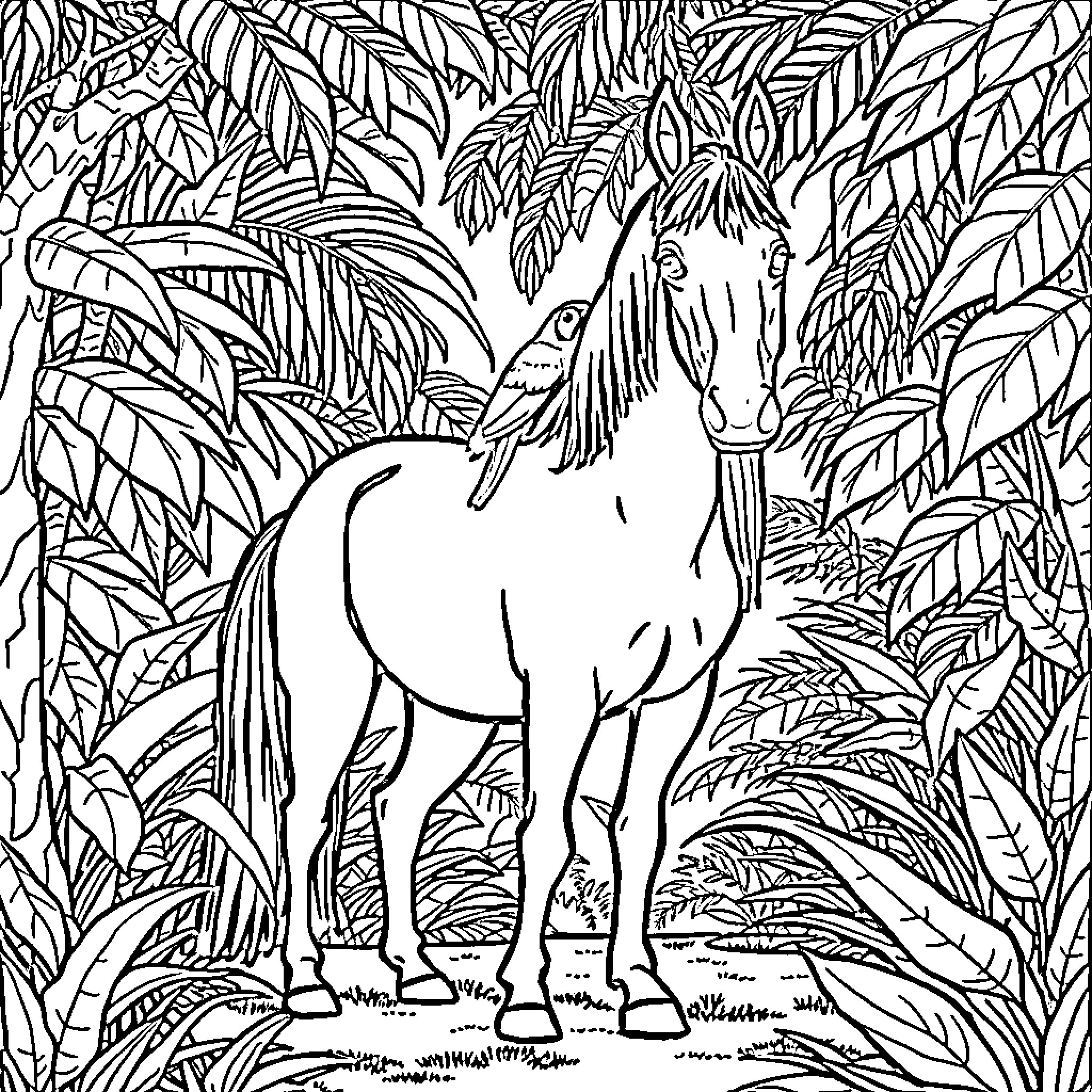 Horse in Lush Tropical Foliage Coloring Page (free black-and-white line drawing printable PDF for all, from beginners to advanced learners, including children, teens, adults, and seniors)