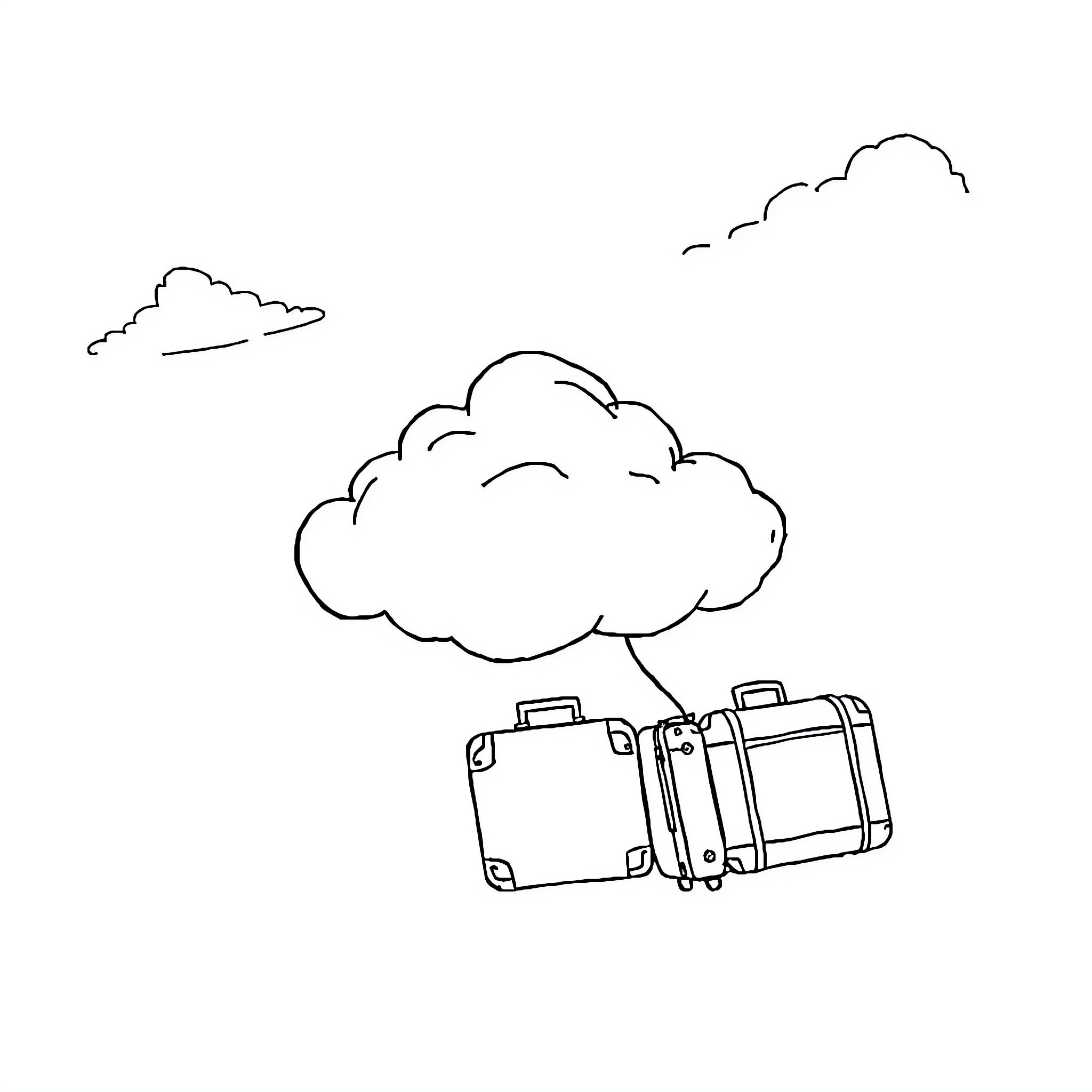 Cloud-shaped luggage drifting in the sky Coloring Page (free black-and-white line drawing printable PDF for all, from beginners to advanced learners, including children, teens, adults, and seniors)