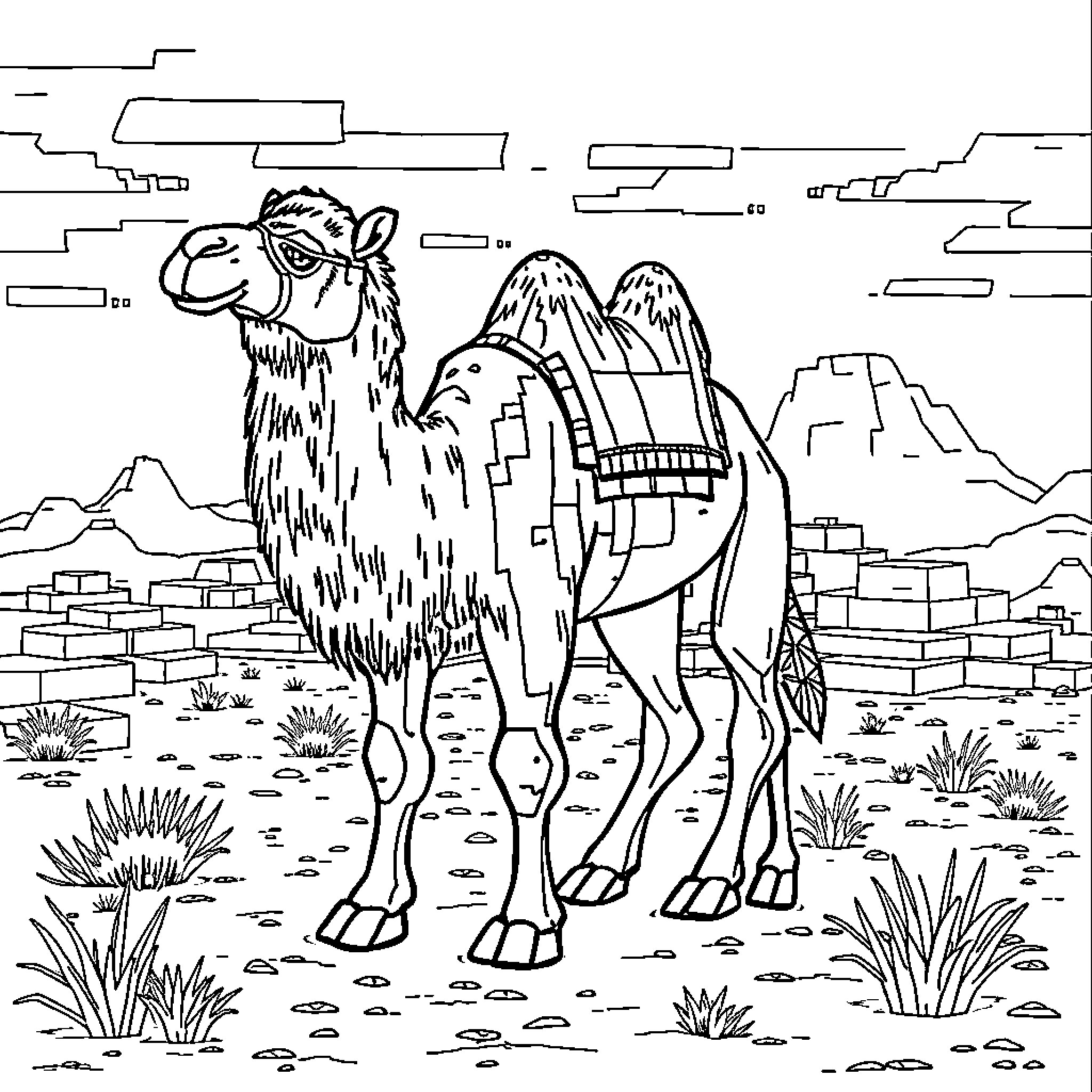 Camel standing in desert landscape Coloring Page (free black-and-white line drawing printable PDF for all, from beginners to advanced learners, including children, teens, adults, and seniors)