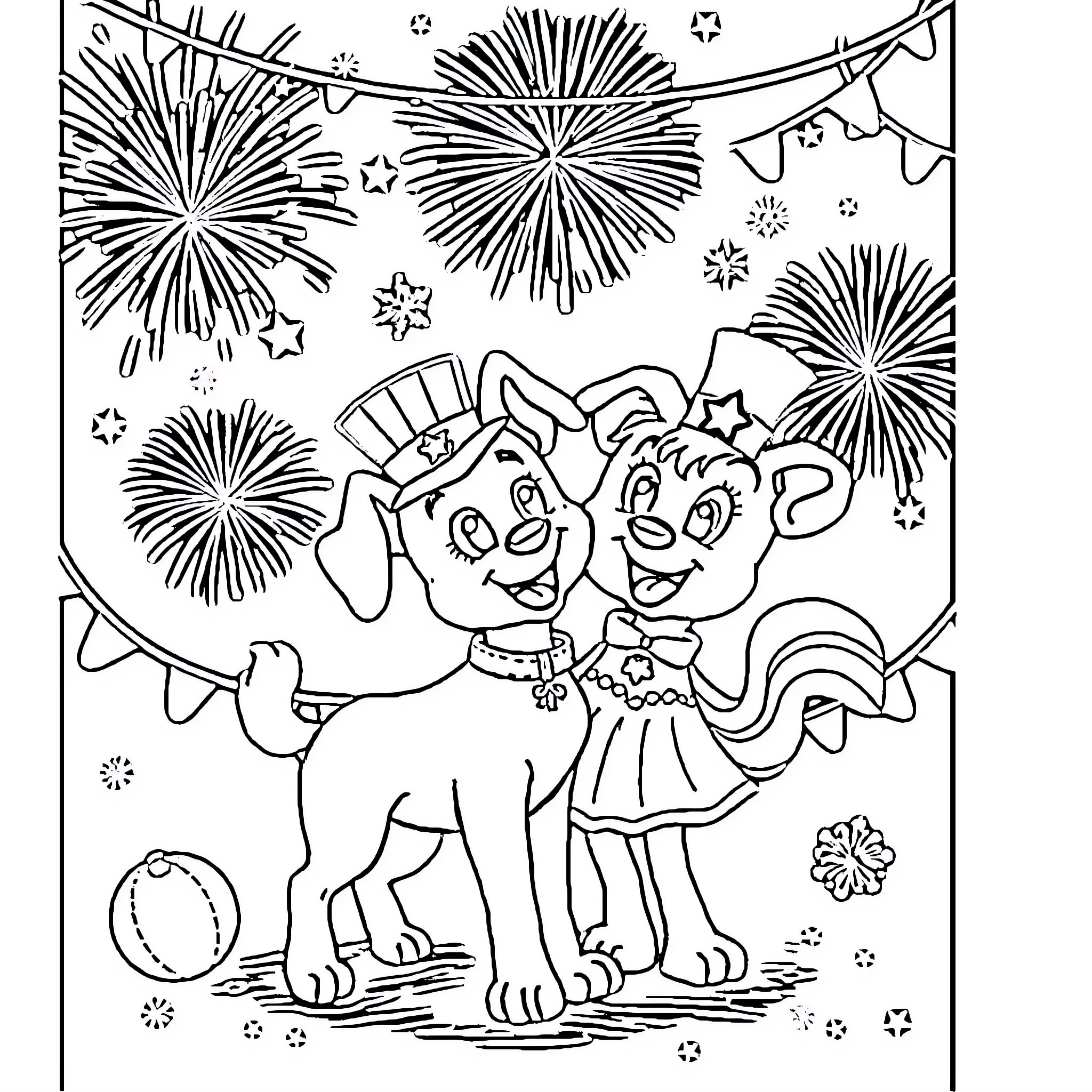 Bluey enjoying fireworks with friends Coloring Page (free black-and-white line drawing printable PDF for all, from beginners to advanced learners, including children, teens, adults, and seniors)