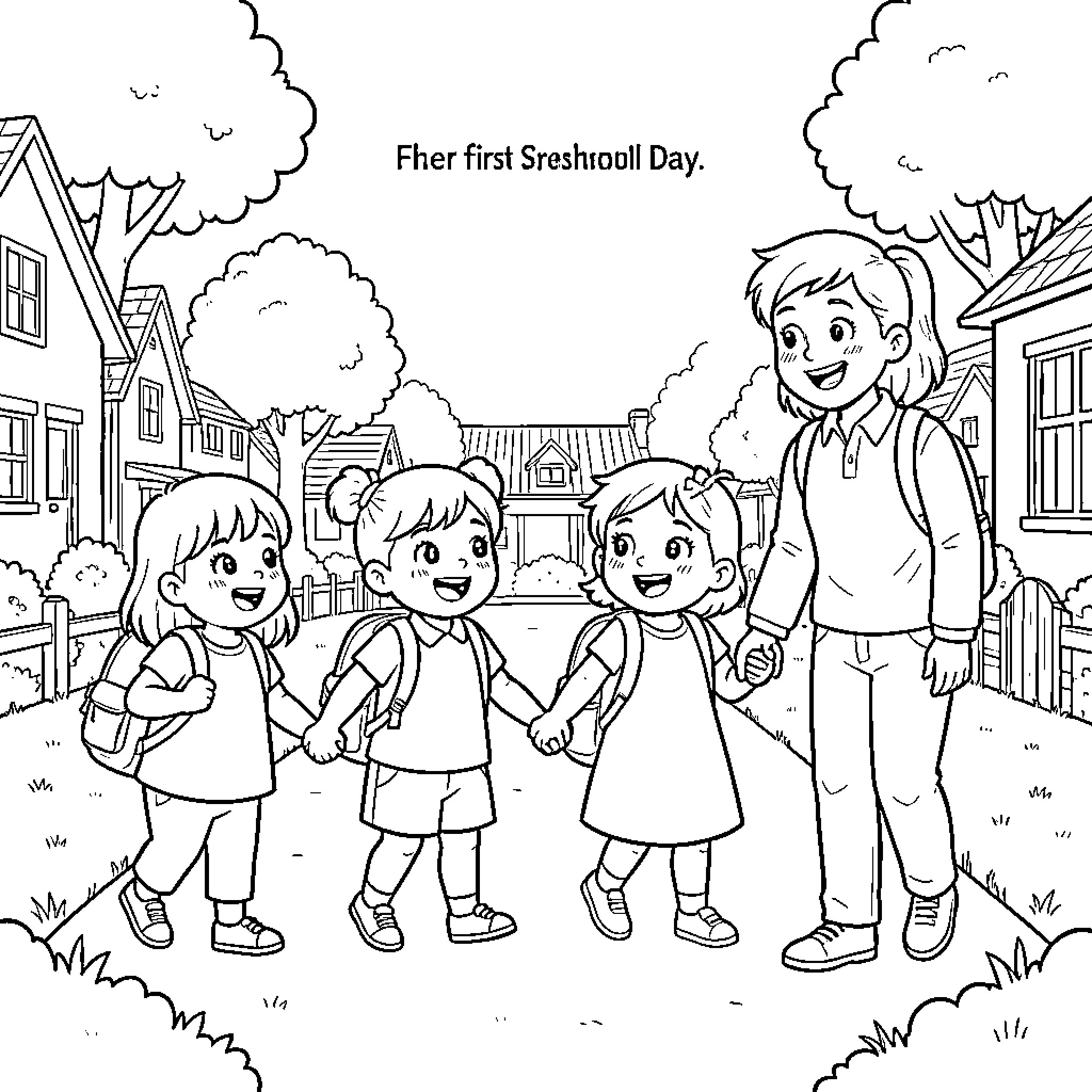 Preschool children walking happily hand in hand Coloring Page (free black-and-white line drawing printable PDF for all, from beginners to advanced learners, including children, teens, adults, and seniors)