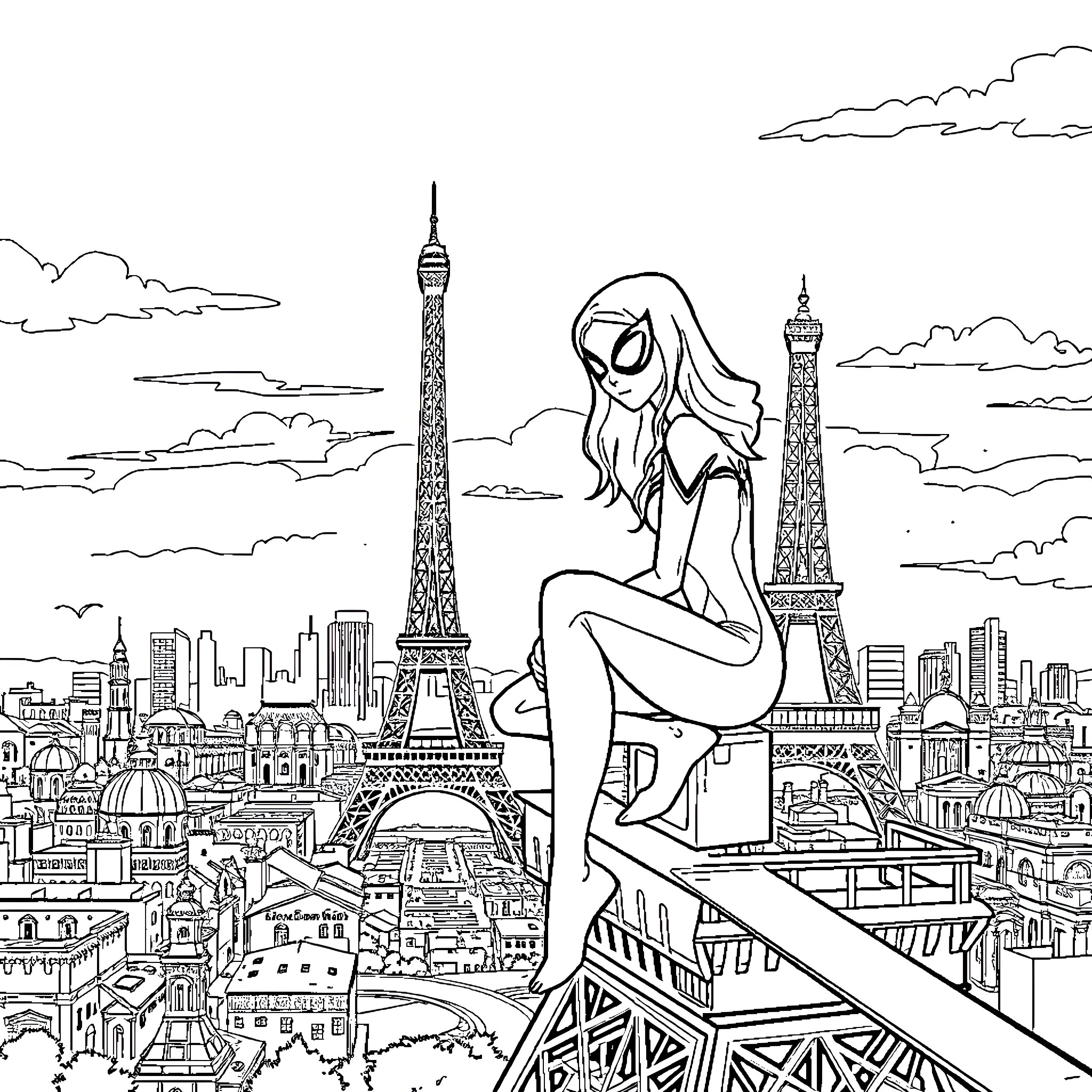 Spider Gwen overlooking the Parisian cityscape Coloring Page (free black-and-white line drawing printable PDF for all, from beginners to advanced learners, including children, teens, adults, and seniors)