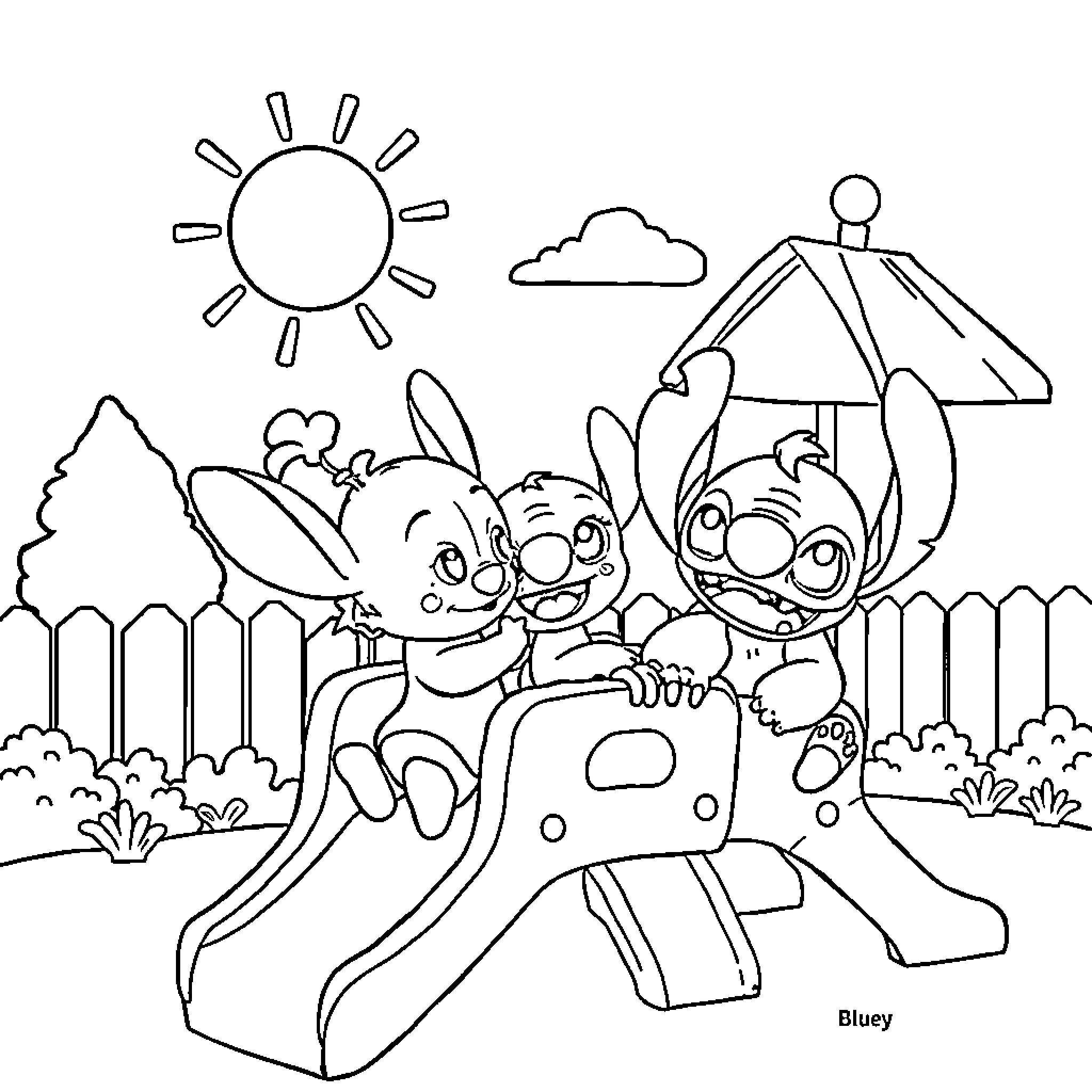 Bluey playing on the playground with friends Coloring Page (free black-and-white line drawing printable PDF for all, from beginners to advanced learners, including children, teens, adults, and seniors)