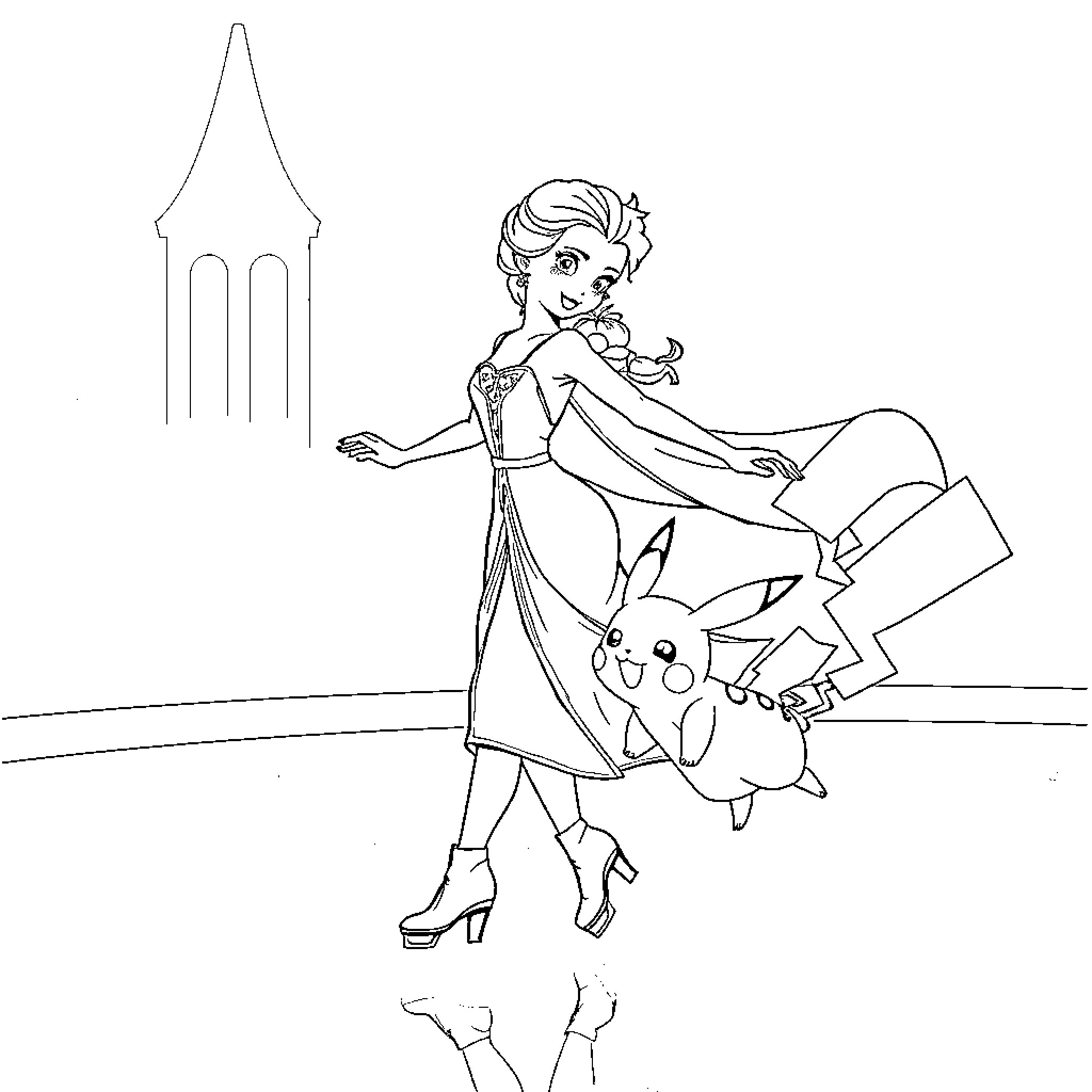 Elsa exploring the city with Pikachu Coloring Page (free black-and-white line drawing printable PDF for all, from beginners to advanced learners, including children, teens, adults, and seniors)