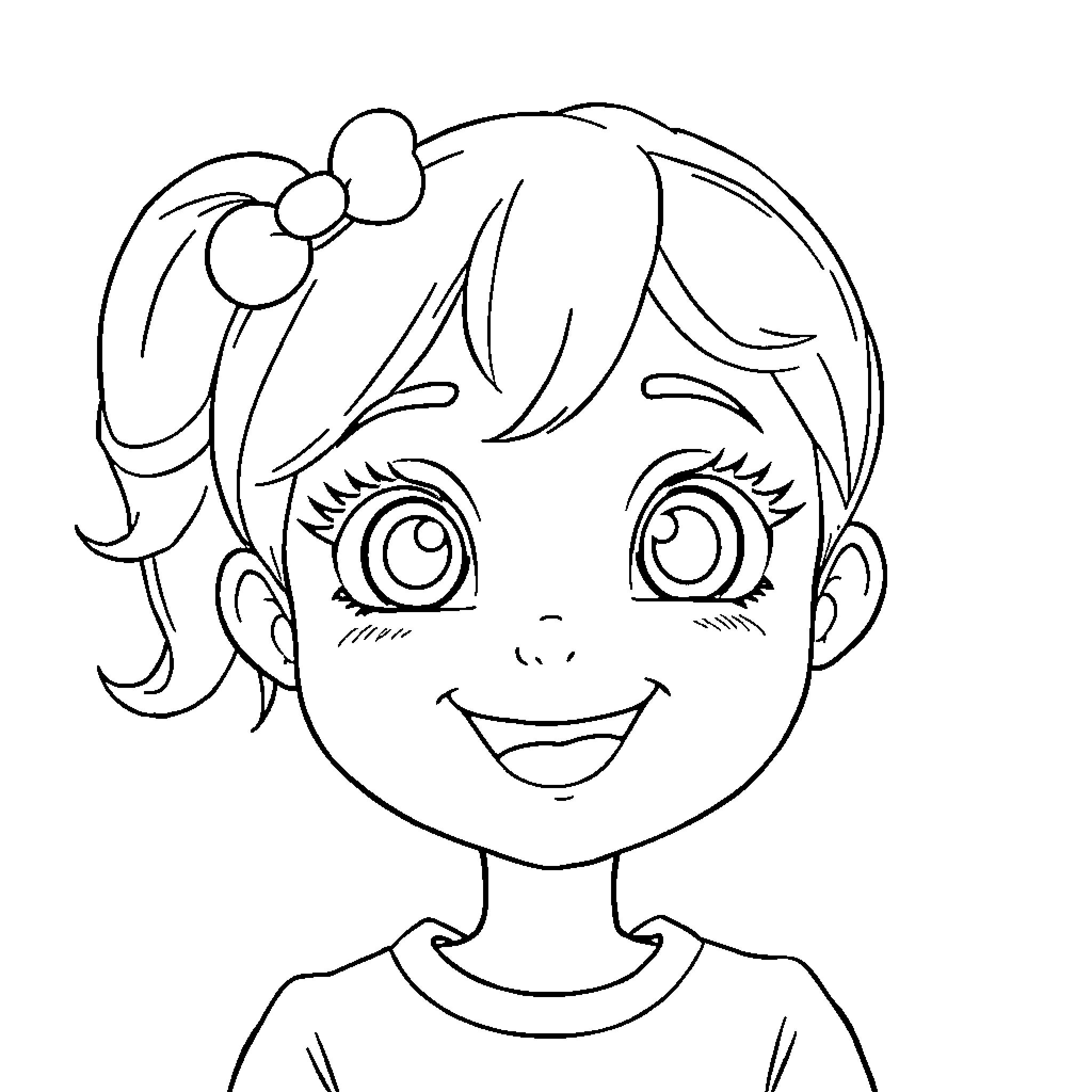 Romi's Cheerful Cartoon Portrait Coloring Page (free black-and-white line drawing printable PDF for all, from beginners to advanced learners, including children, teens, adults, and seniors)