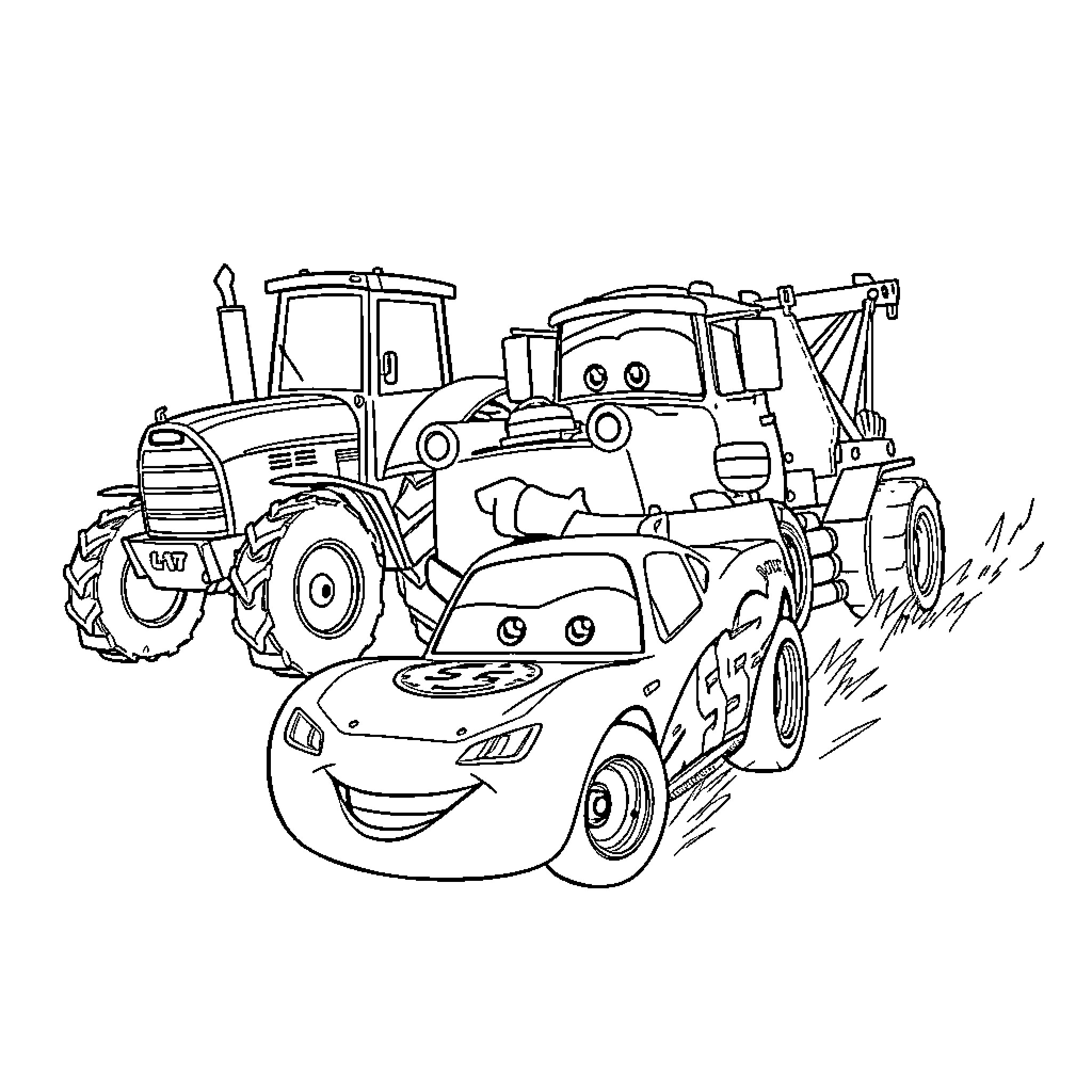 Frank's Tractor and Car Adventure Coloring Page (free black-and-white line drawing printable PDF for all, from beginners to advanced learners, including children, teens, adults, and seniors)