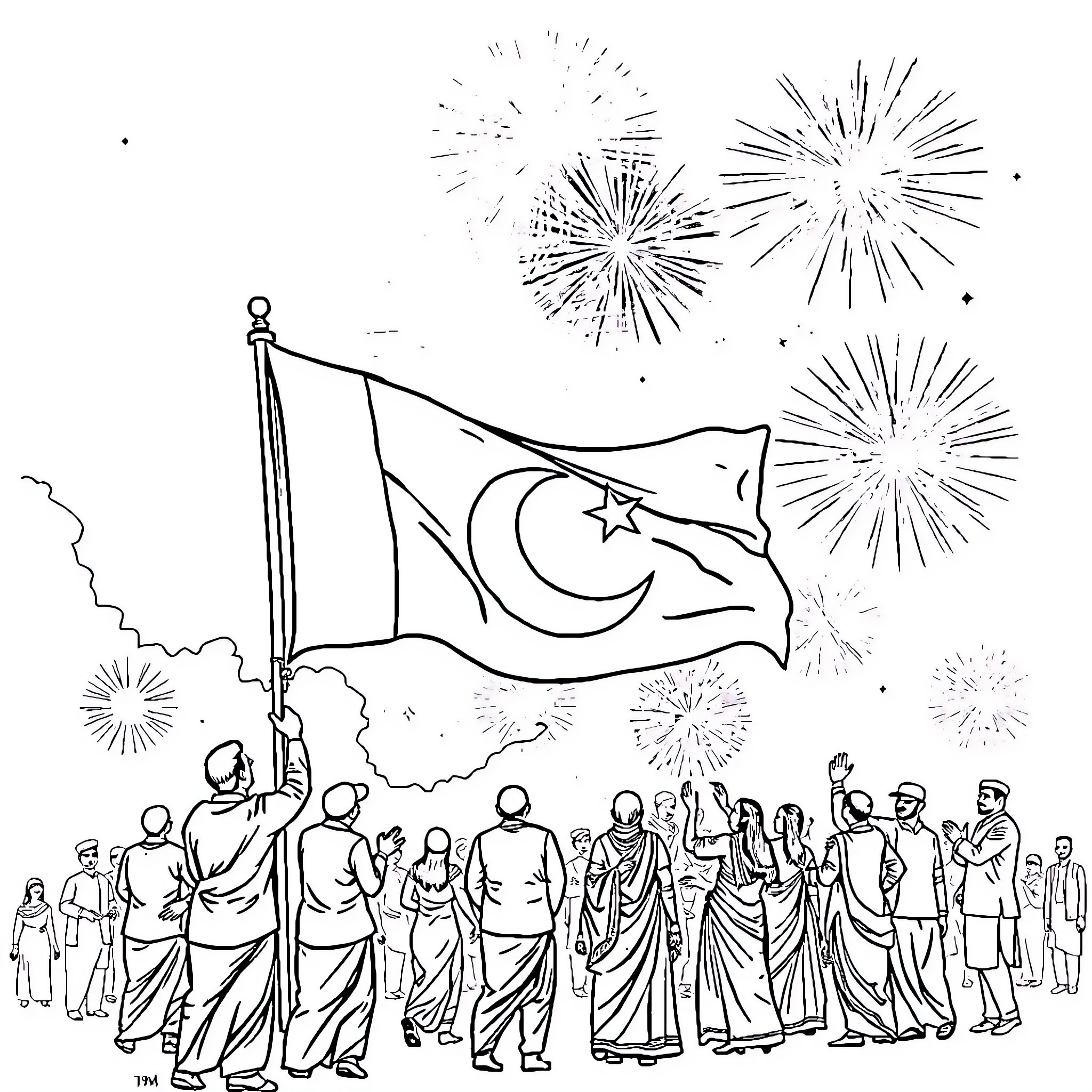 Defense Day celebrations with patriotic flag and fireworks Coloring Page (free black-and-white line drawing printable PDF for all, from beginners to advanced learners, including children, teens, adults, and seniors)