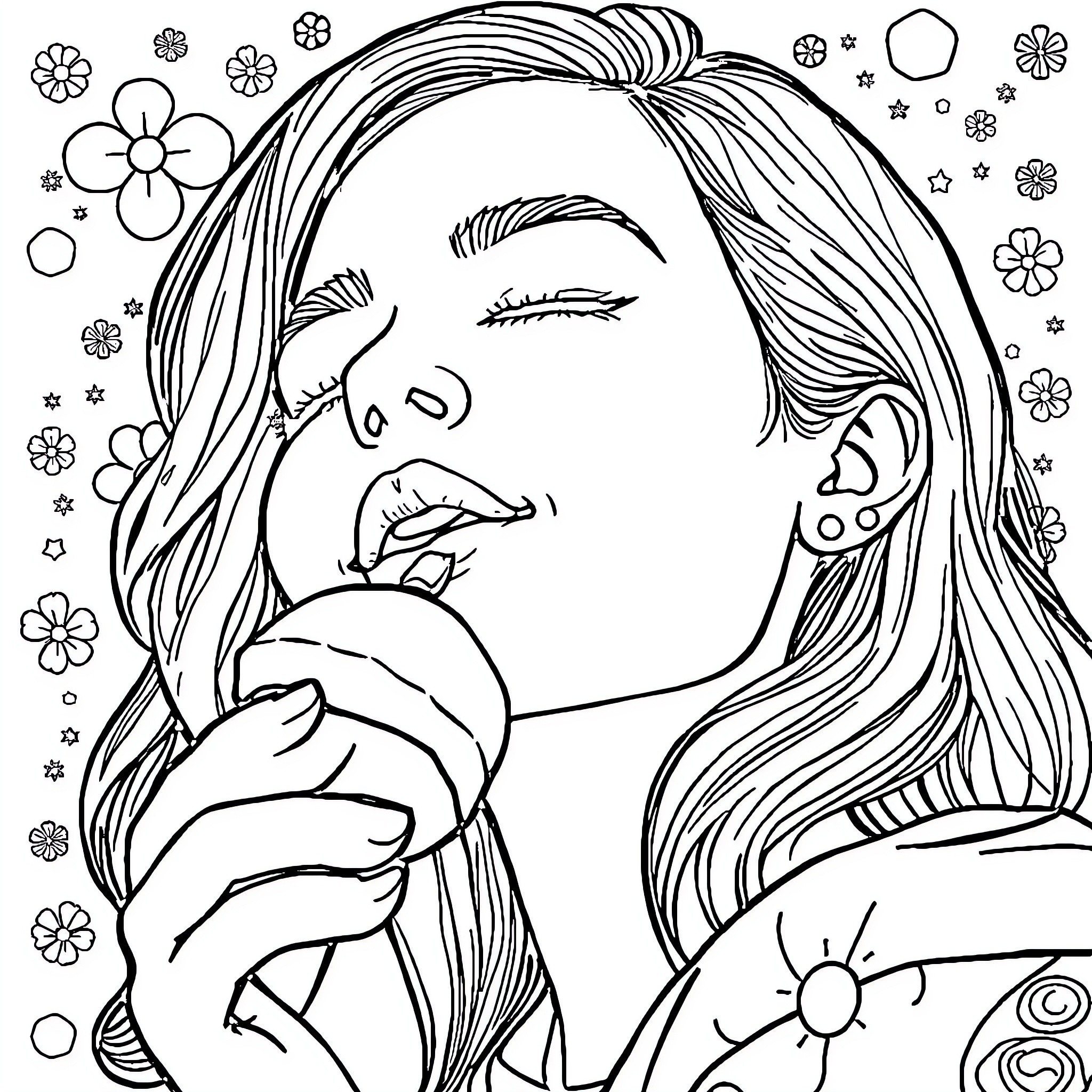 Person with long hair enjoying a flower Coloring Page (free black-and-white line drawing printable PDF for all, from beginners to advanced learners, including children, teens, adults, and seniors)