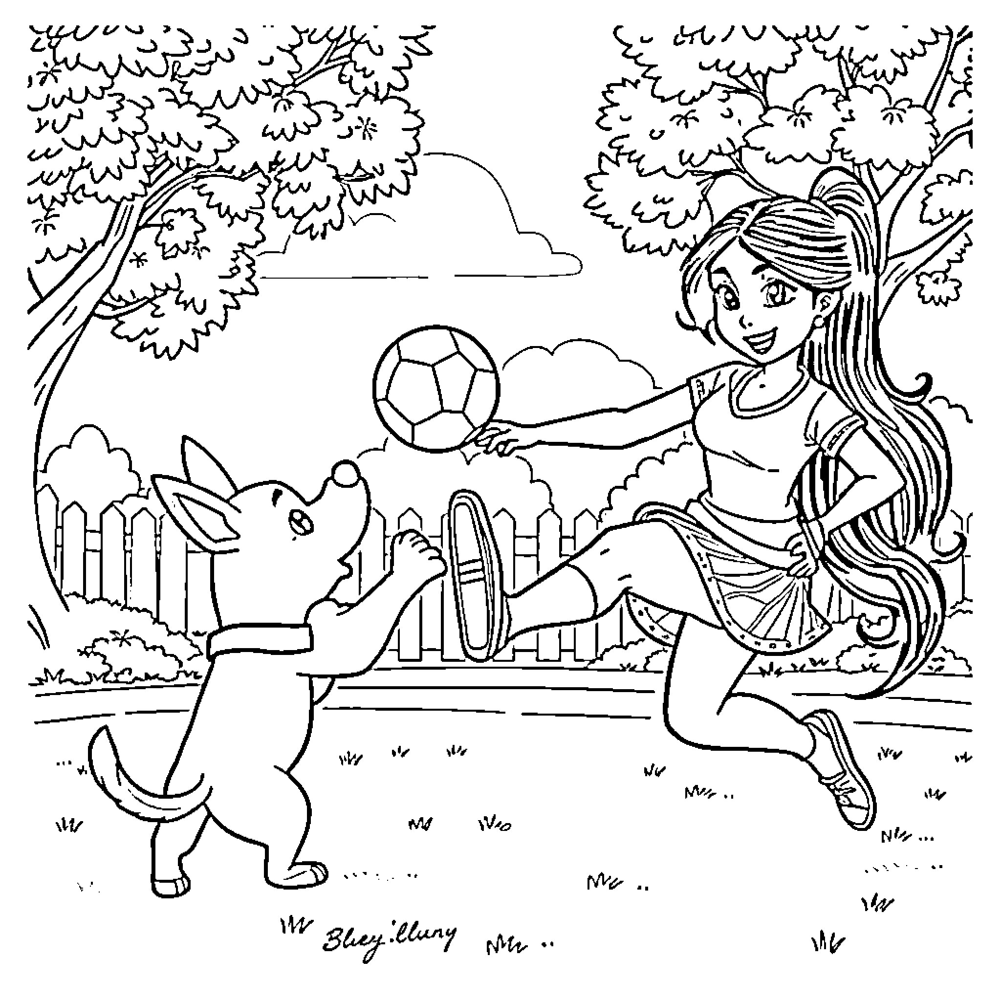 Mulan playing with her rabbit friend and soccer ball Coloring Page (free black-and-white line drawing printable PDF for all, from beginners to advanced learners, including children, teens, adults, and seniors)