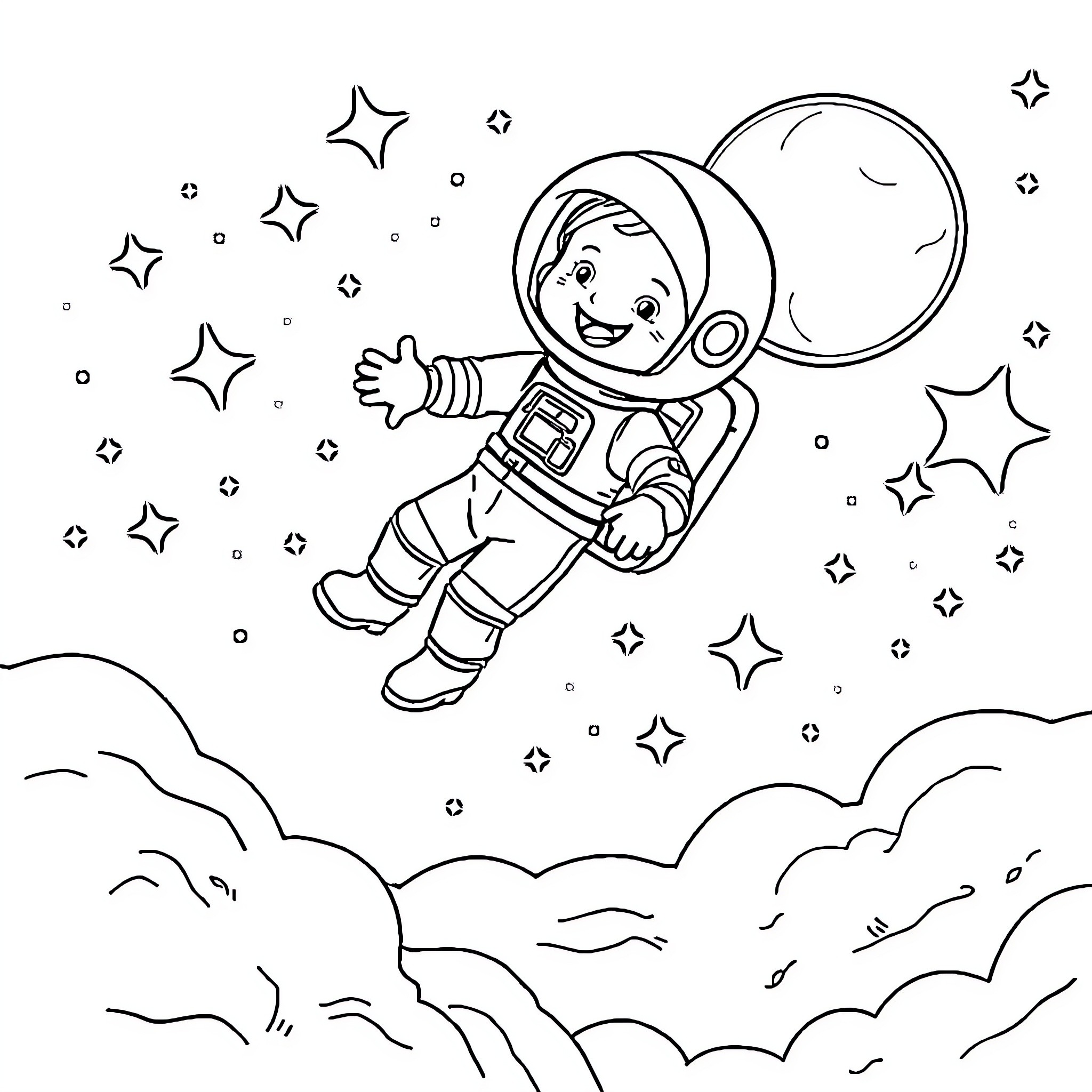 Astronaut floating joyfully in space Coloring Page (free black-and-white line drawing printable PDF for all, from beginners to advanced learners, including children, teens, adults, and seniors)