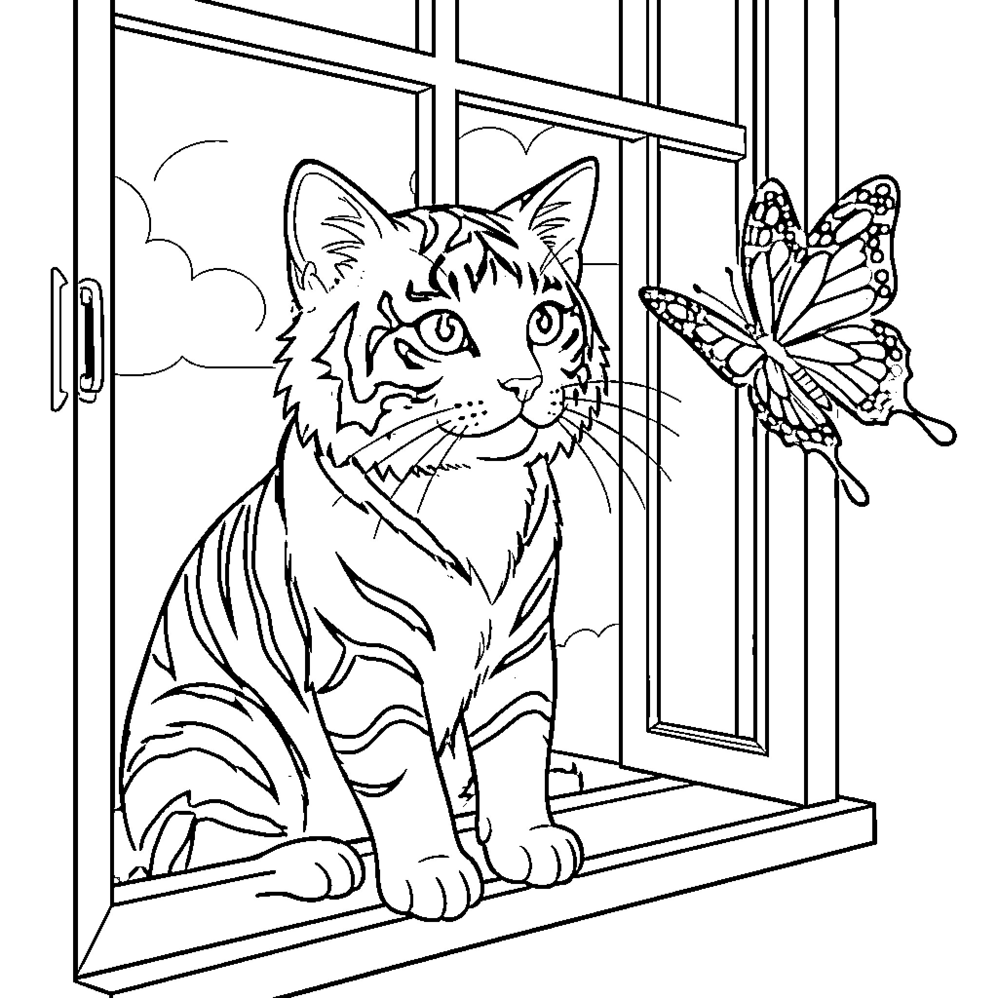 Gatito watching the butterfly through the window Coloring Page (free black-and-white line drawing printable PDF for all, from beginners to advanced learners, including children, teens, adults, and seniors)