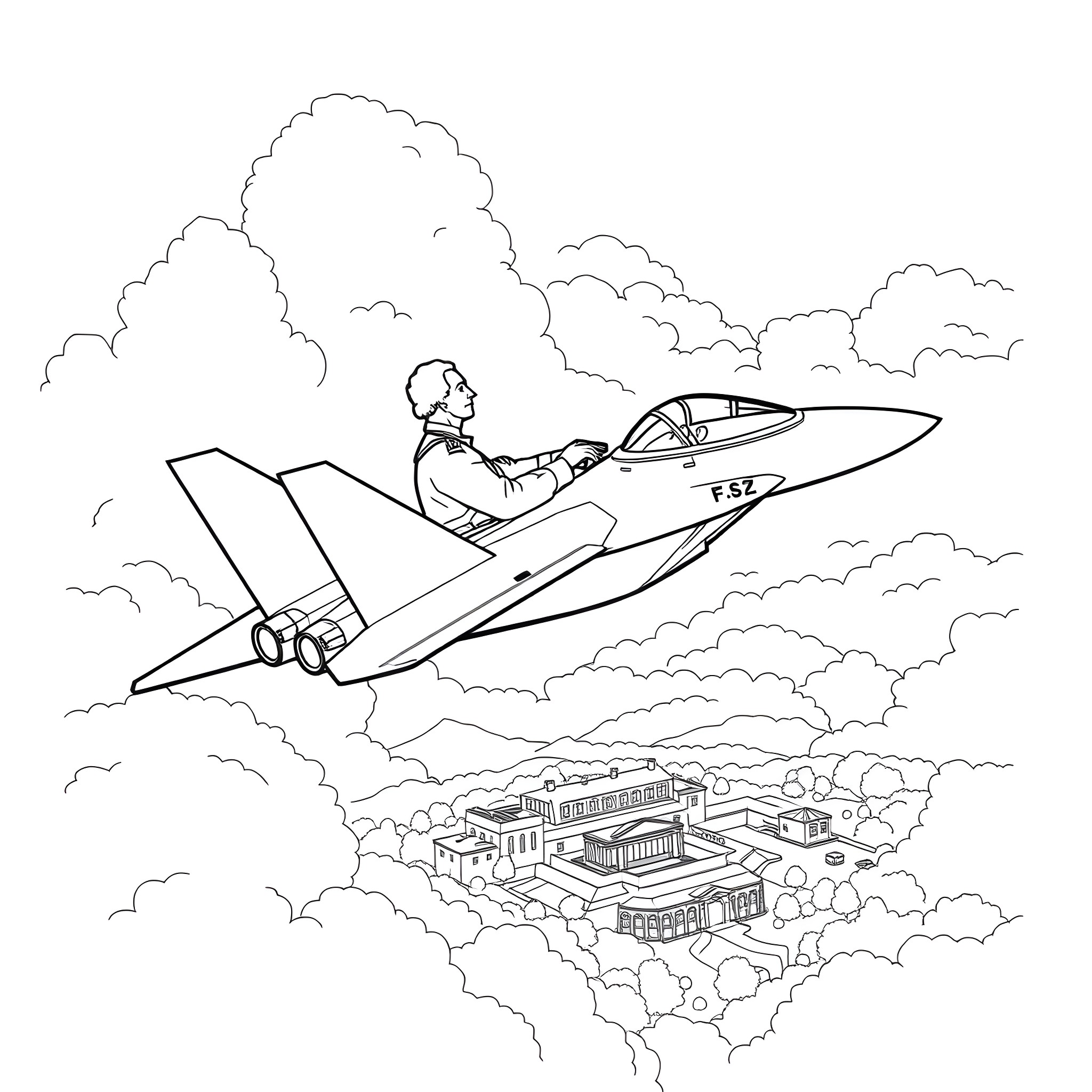 George Washington soaring in a futuristic jet fighter Coloring Page (free black-and-white line drawing printable PDF for all, from beginners to advanced learners, including children, teens, adults, and seniors)