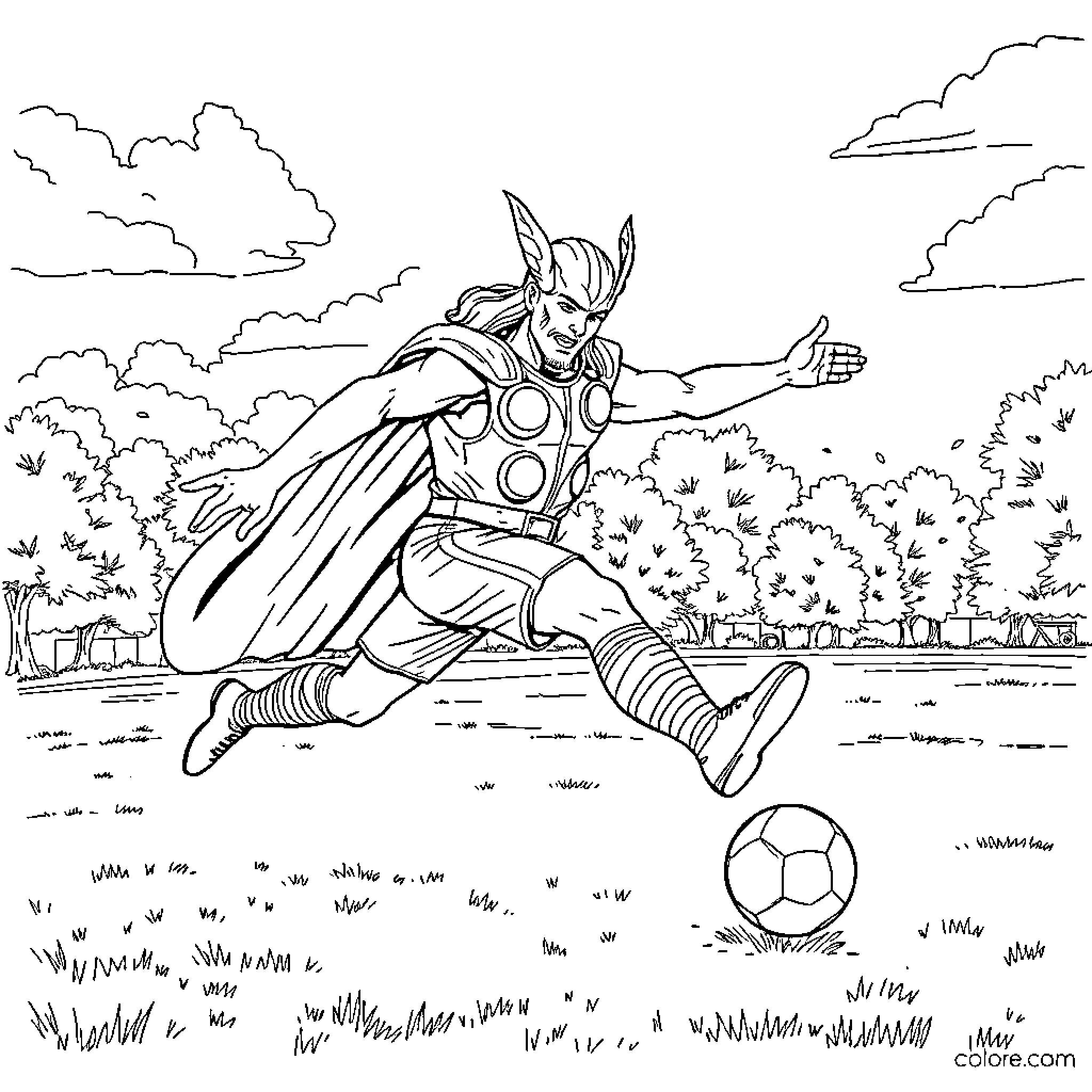 Thor's Heroic Adventure in the Grassy Field Coloring Page (free black-and-white line drawing printable PDF for all, from beginners to advanced learners, including children, teens, adults, and seniors)