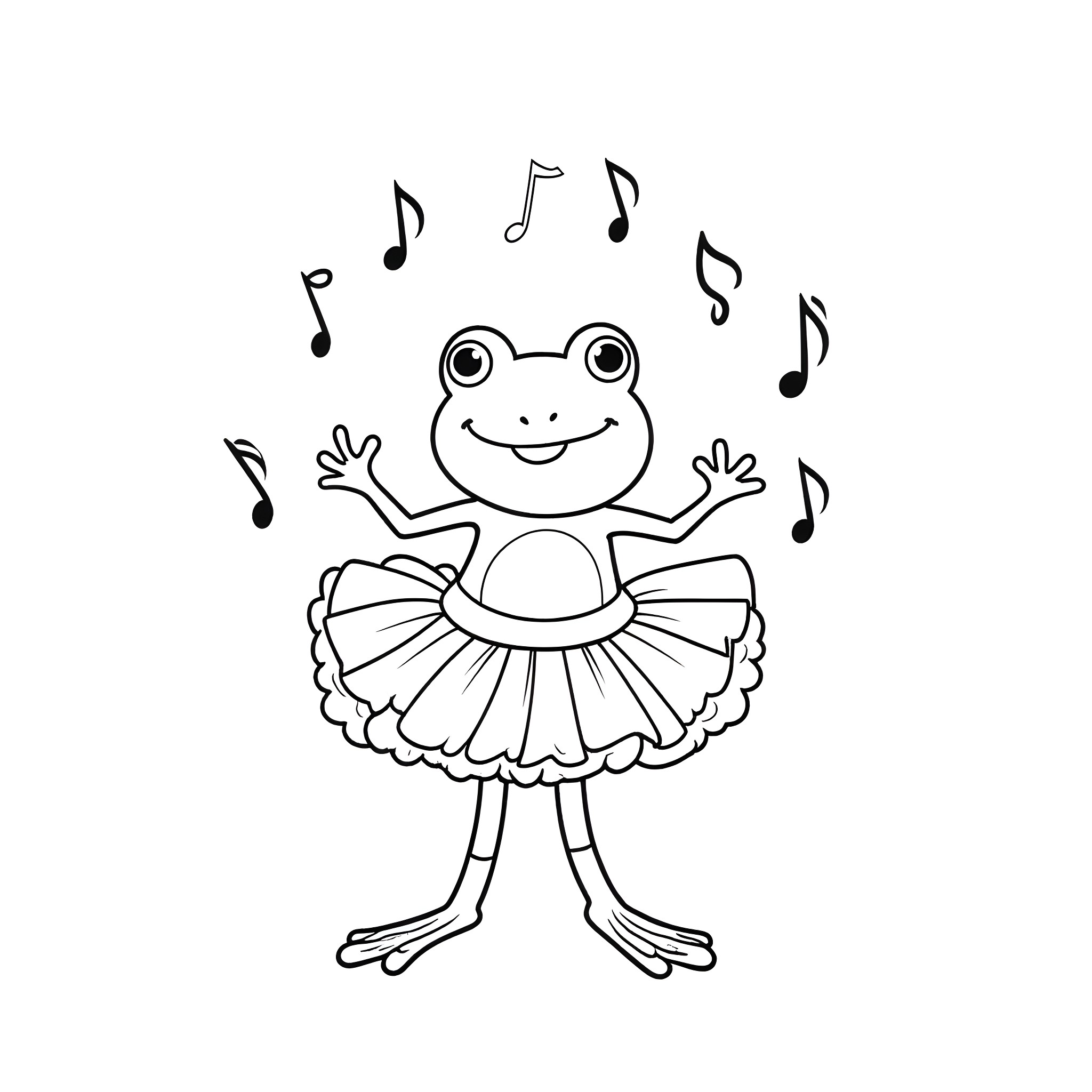 Frog dancing with musical notes Coloring Page (free black-and-white line drawing printable PDF for all, from beginners to advanced learners, including children, teens, adults, and seniors)