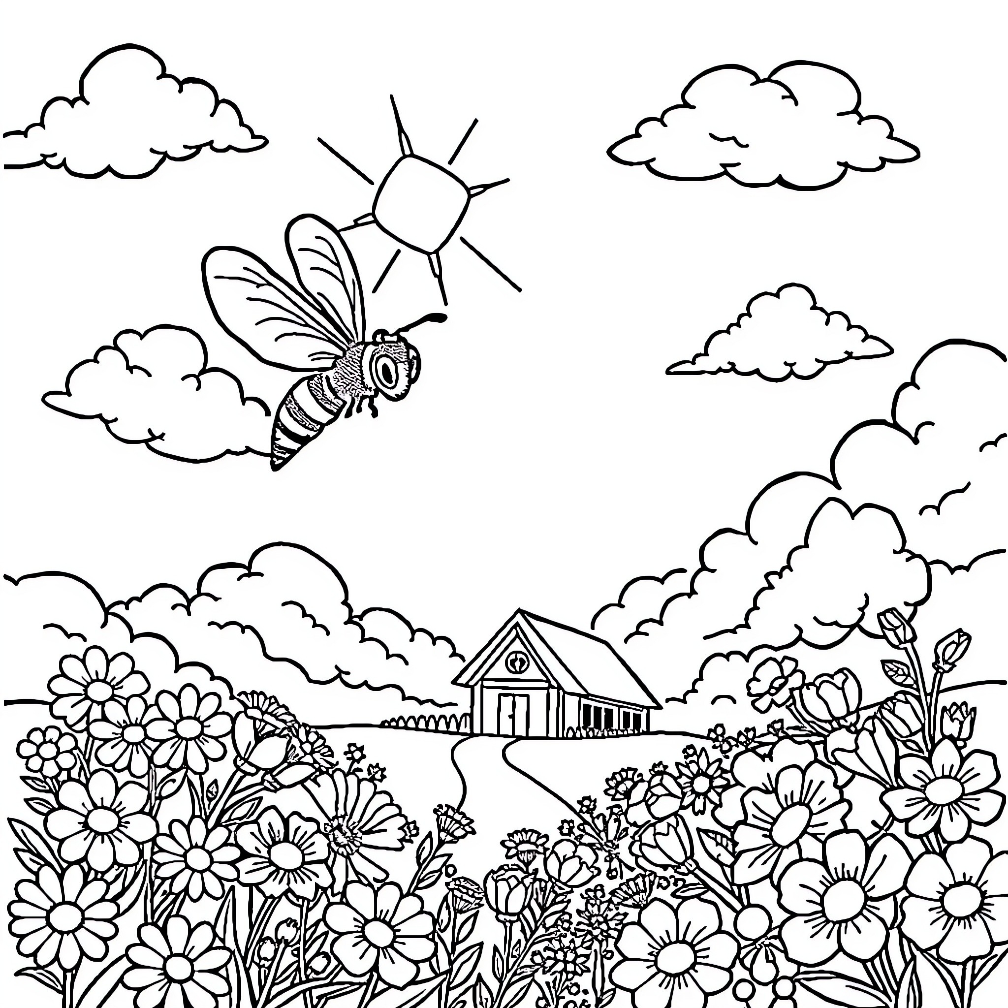 Honeybee exploring a blooming garden scene Coloring Page (free black-and-white line drawing printable PDF for all, from beginners to advanced learners, including children, teens, adults, and seniors)