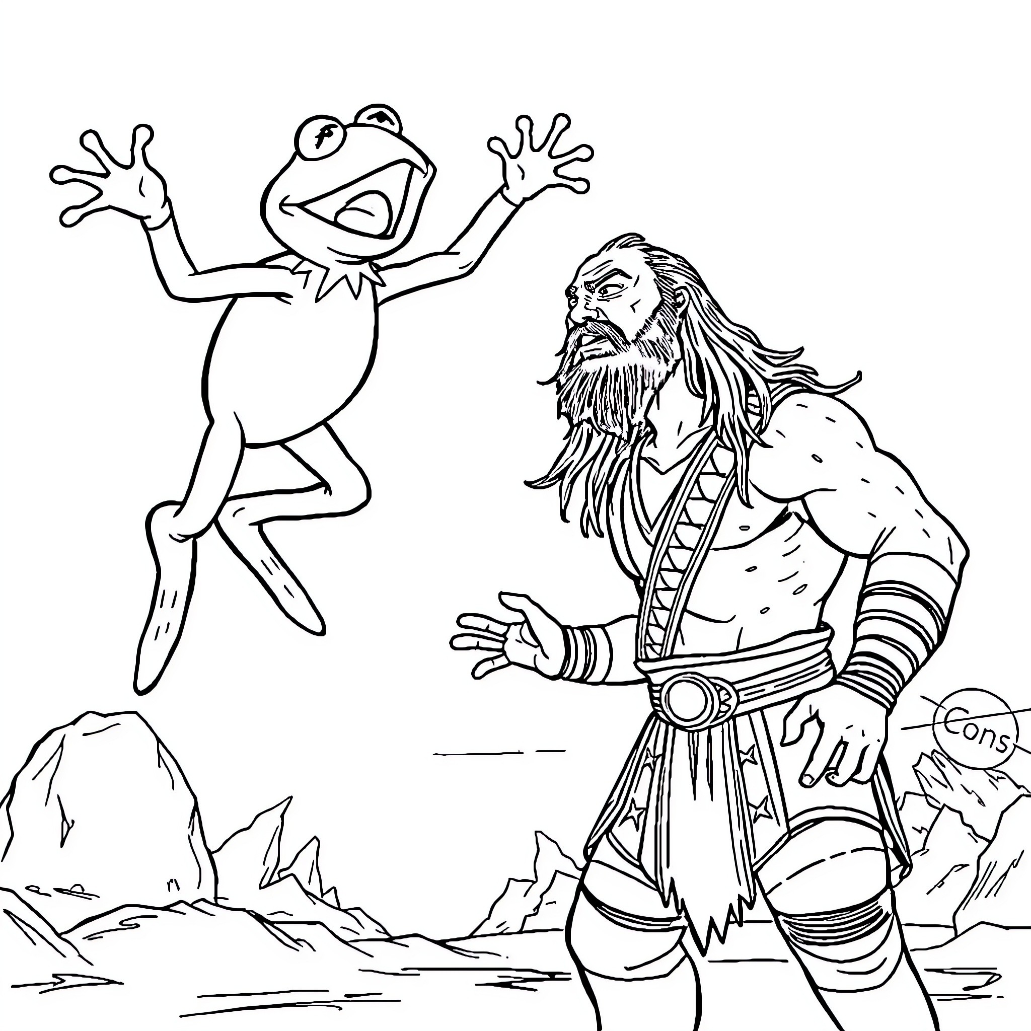Kermit the Frog and a Fierce Warrior in the Wilderness Coloring Page (free black-and-white line drawing printable PDF for all, from beginners to advanced learners, including children, teens, adults, and seniors)