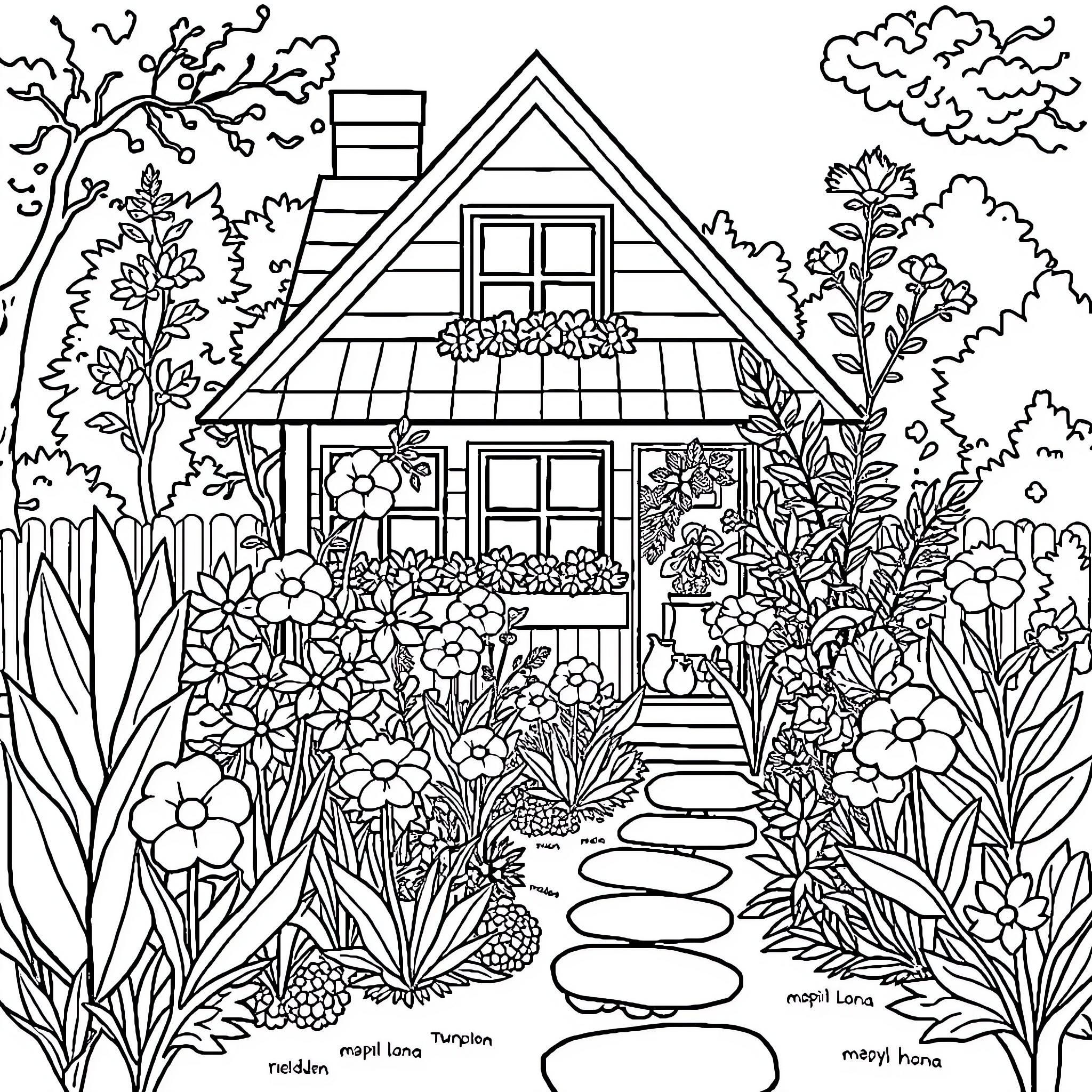 House with Lush Floral Garden Coloring Page (free black-and-white line drawing printable PDF for all, from beginners to advanced learners, including children, teens, adults, and seniors)