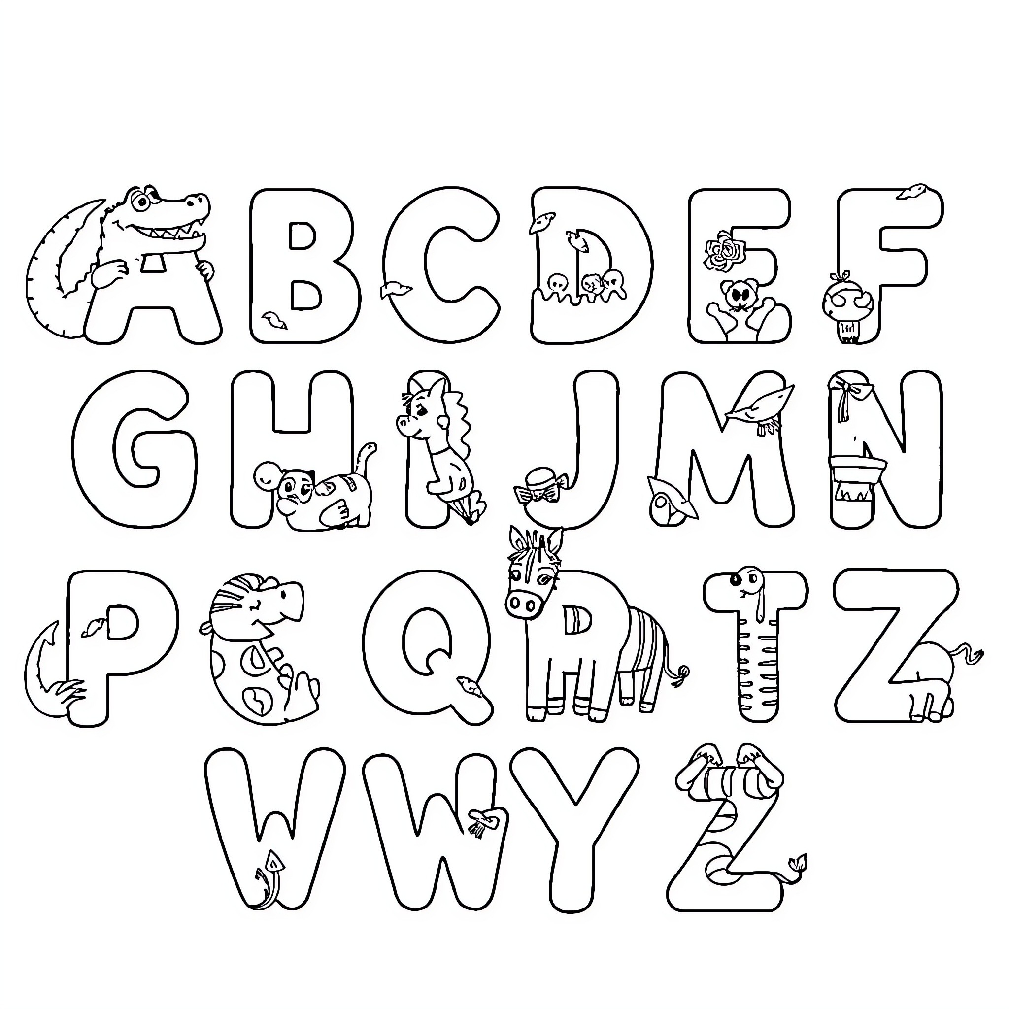 Alphabet of whimsical animal characters Coloring Page (free black-and-white line drawing printable PDF for all, from beginners to advanced learners, including children, teens, adults, and seniors)