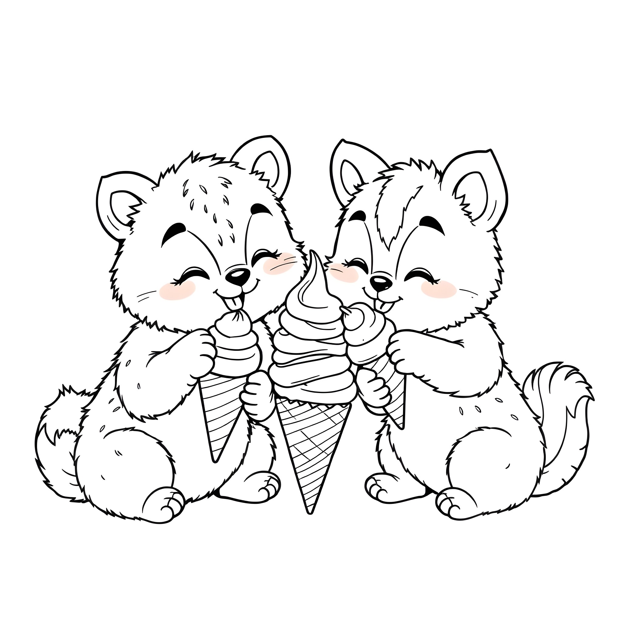 Animal Buddies Sharing an Ice Cream Treat Coloring Page (free black-and-white line drawing printable PDF for all, from beginners to advanced learners, including children, teens, adults, and seniors)