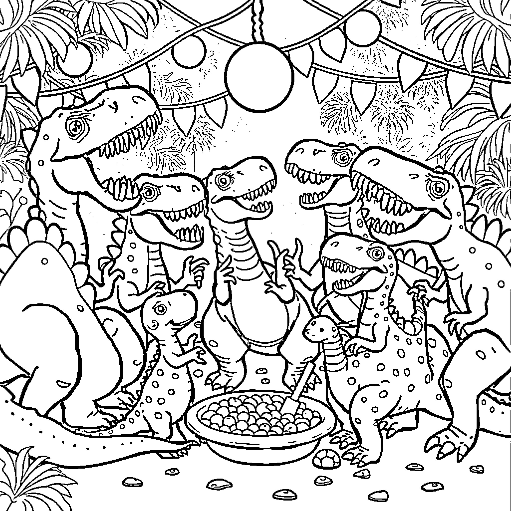 Dinosaur party with festive decorations Coloring Page (free black-and-white line drawing printable PDF for all, from beginners to advanced learners, including children, teens, adults, and seniors)