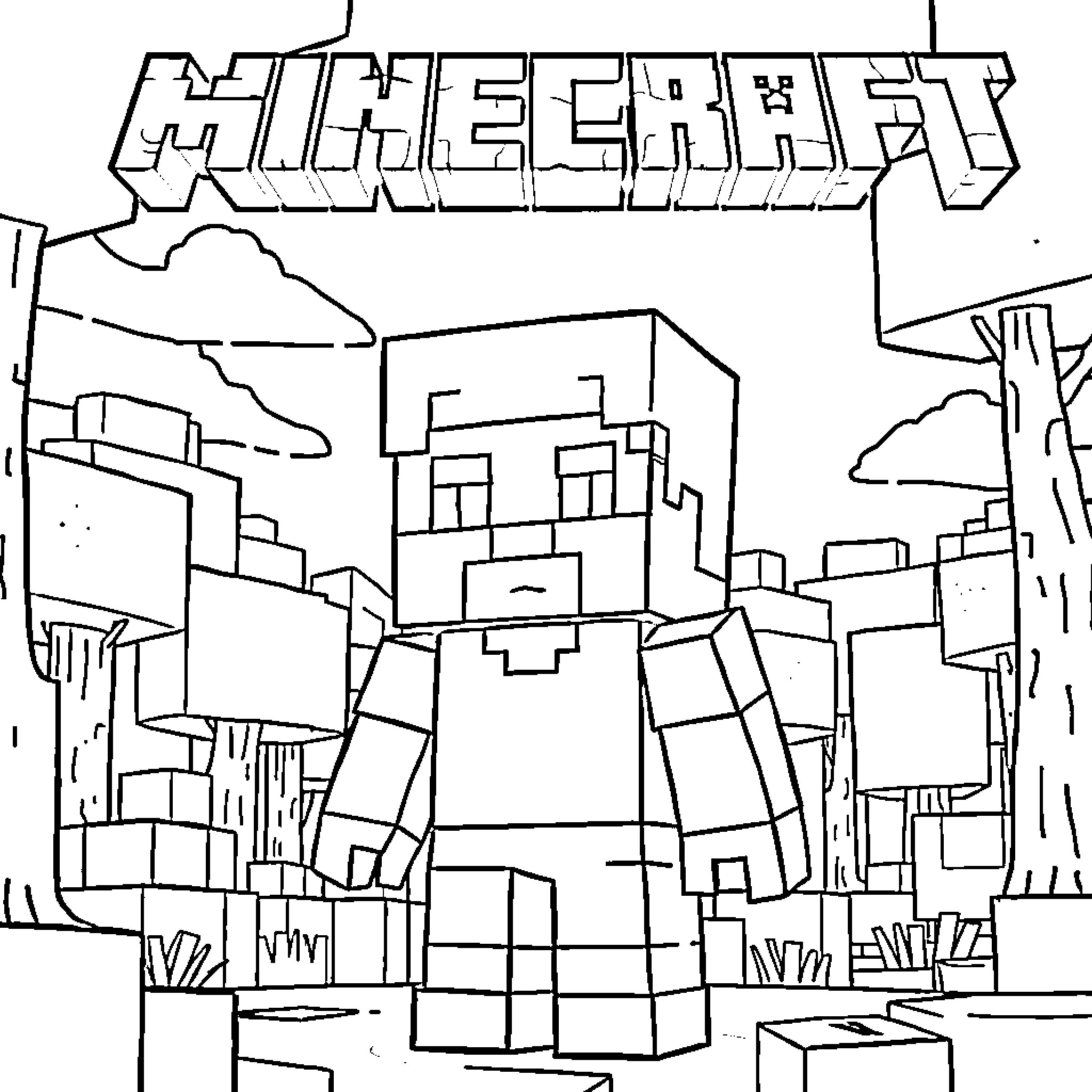Steve embarking on a blocky Minecraft adventure Coloring Page (free black-and-white line drawing printable PDF for all, from beginners to advanced learners, including children, teens, adults, and seniors)