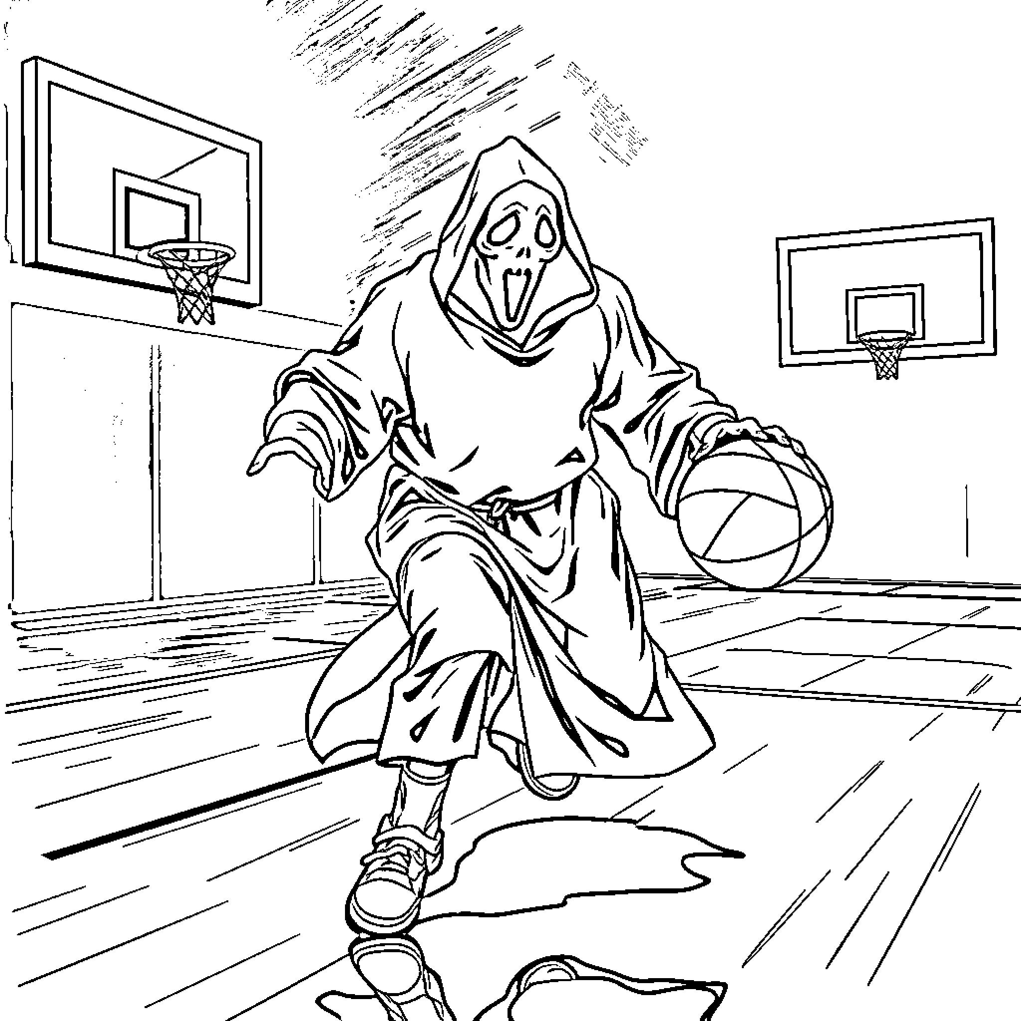 Ghostface playing basketball on the court Coloring Page (free black-and-white line drawing printable PDF for all, from beginners to advanced learners, including children, teens, adults, and seniors)
