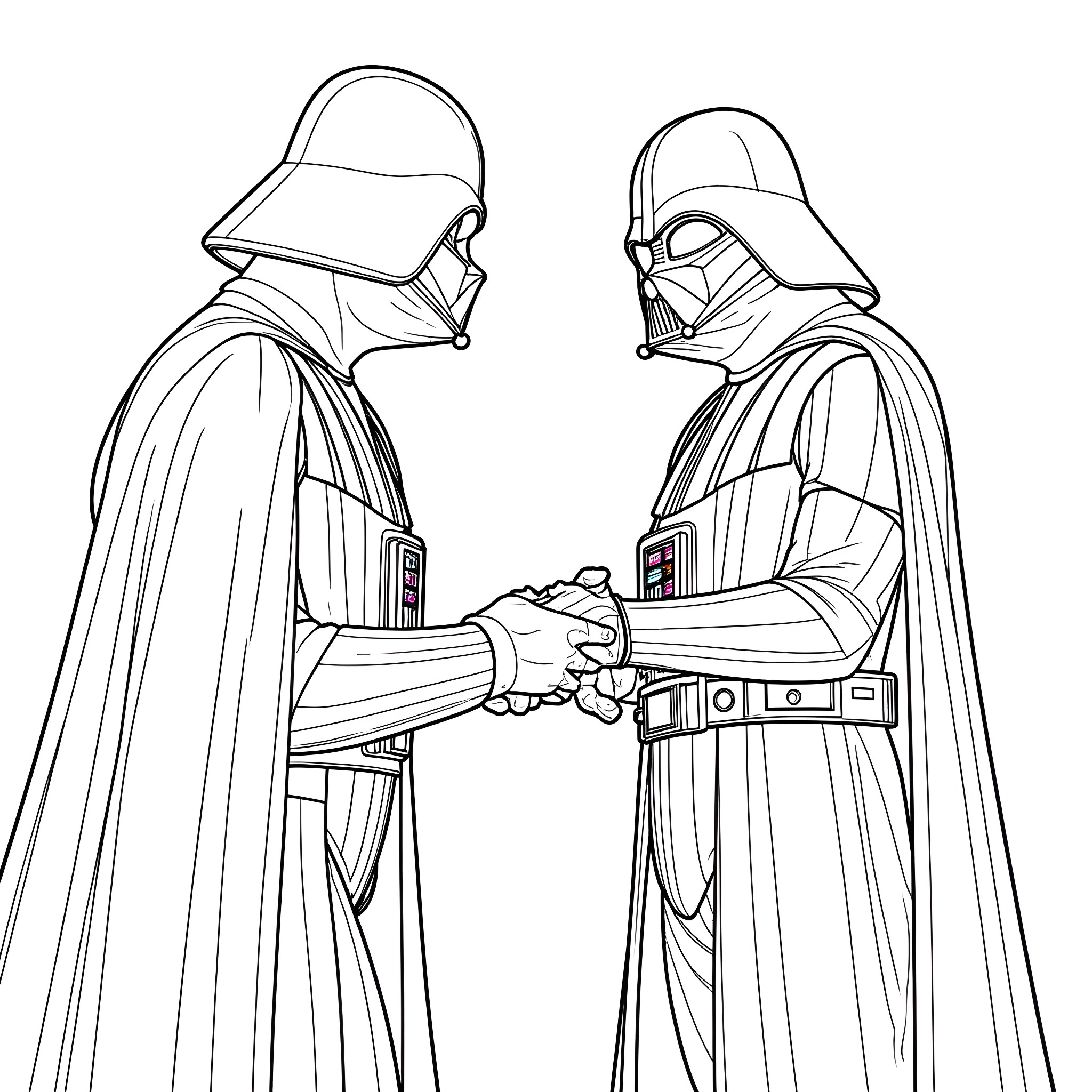 Darth Vader Shaking Hands with Another Sith Lord Coloring Page (free black-and-white line drawing printable PDF for all, from beginners to advanced learners, including children, teens, adults, and seniors)
