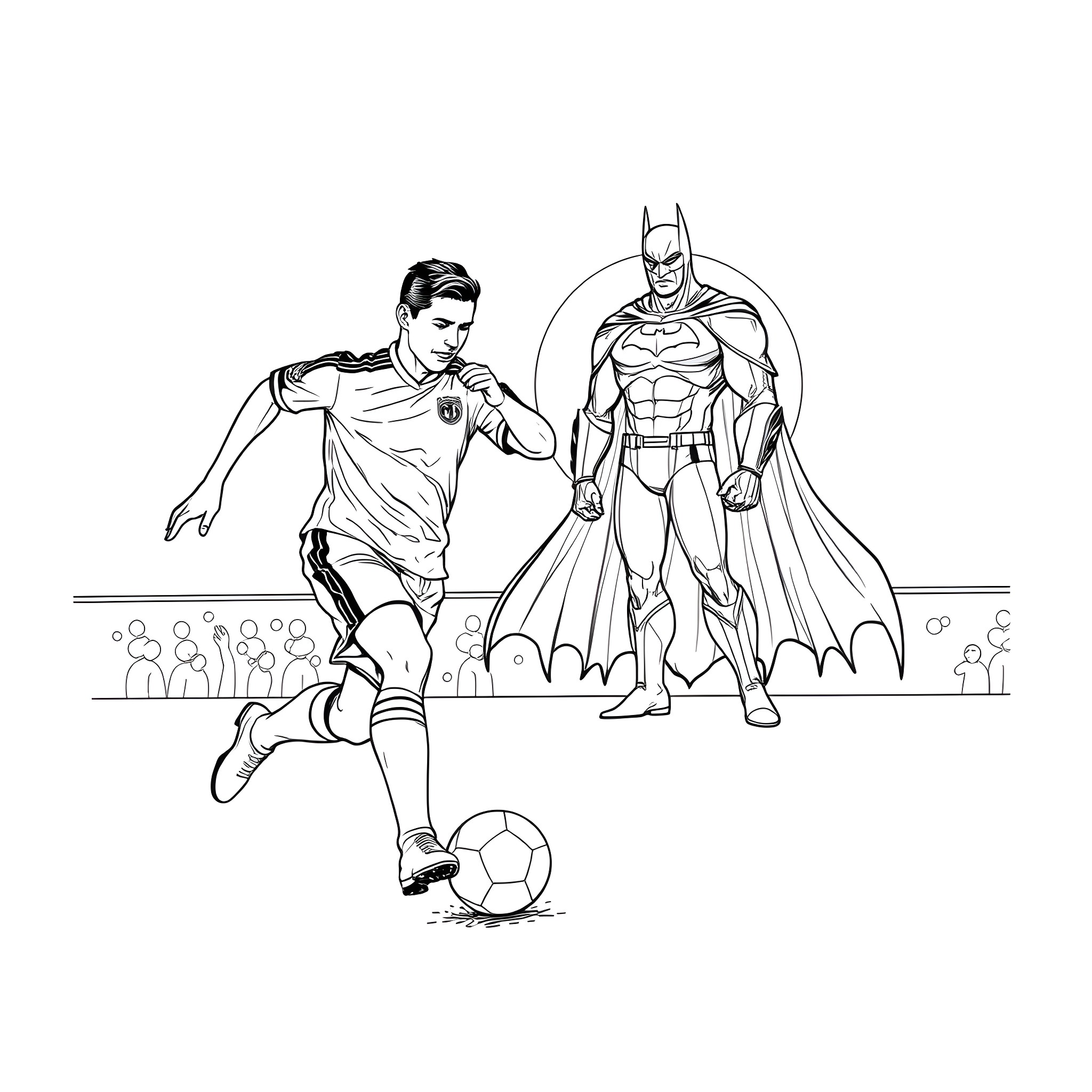 Ronaldo playing soccer with Batman watching Coloring Page (free black-and-white line drawing printable PDF for all, from beginners to advanced learners, including children, teens, adults, and seniors)