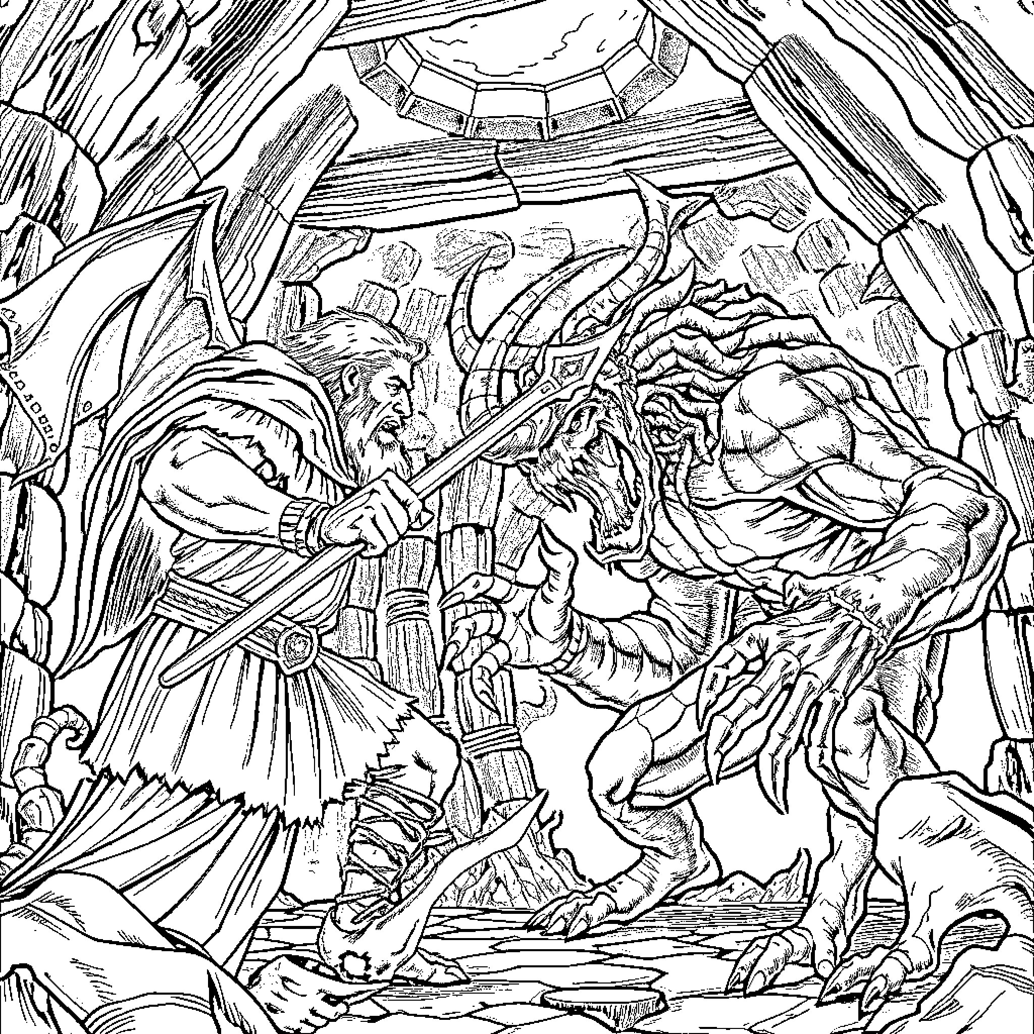 Beowulf's Heroic Battle with the Monstrous Creature Coloring Page (free black-and-white line drawing printable PDF for all, from beginners to advanced learners, including children, teens, adults, and seniors)