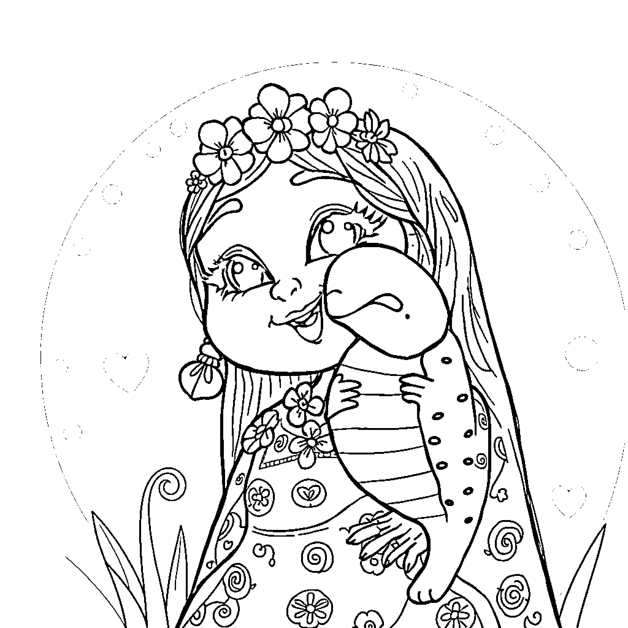 Pregnant Doll Holding a Newborn Baby Coloring Page (free black-and-white line drawing printable PDF for all, from beginners to advanced learners, including children, teens, adults, and seniors)