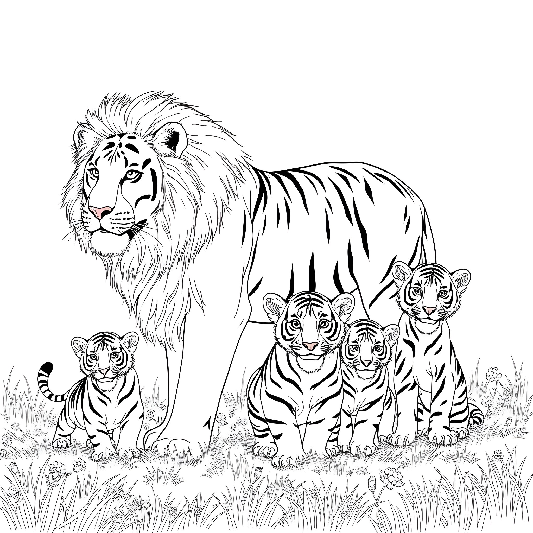 Lion with cubs in the wild Coloring Page (free black-and-white line drawing printable PDF for all, from beginners to advanced learners, including children, teens, adults, and seniors)