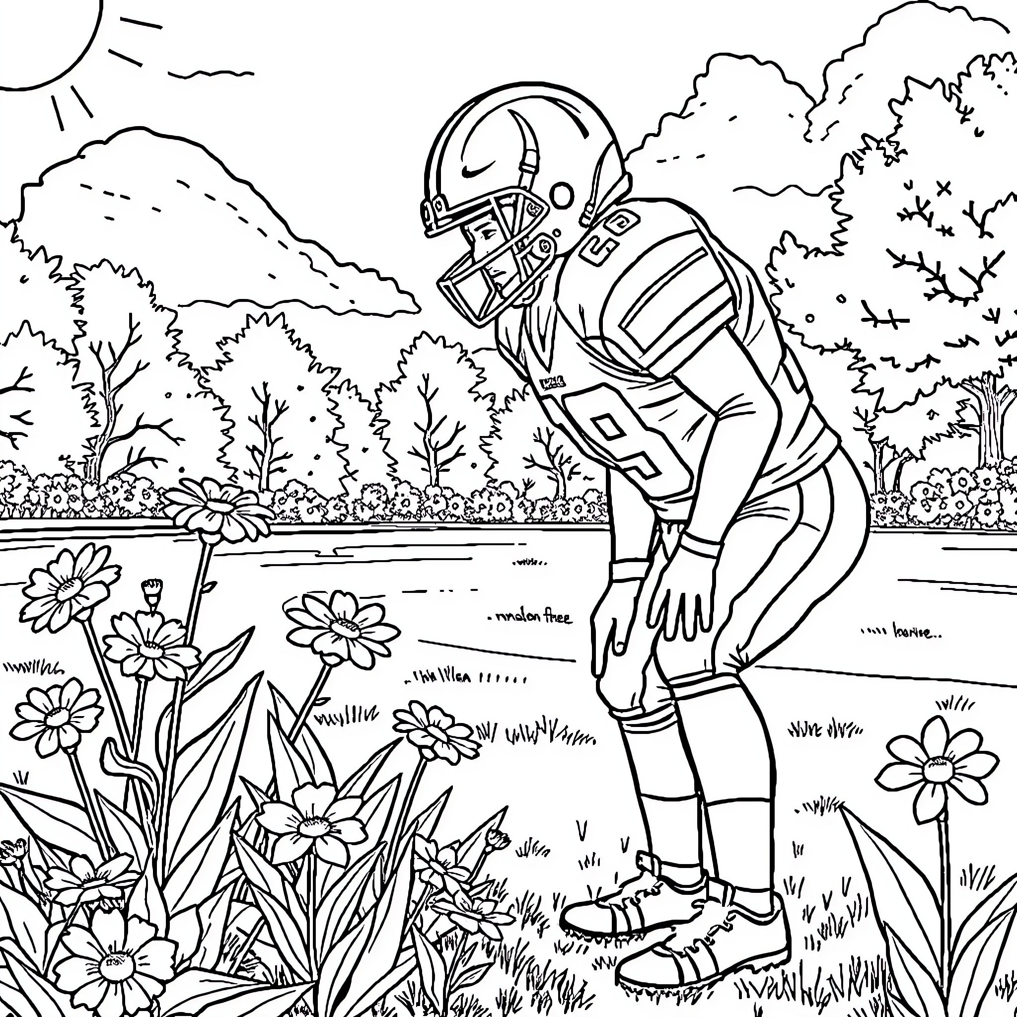 Football Player in Outdoor Nature Setting Coloring Page (free black-and-white line drawing printable PDF for all, from beginners to advanced learners, including children, teens, adults, and seniors)