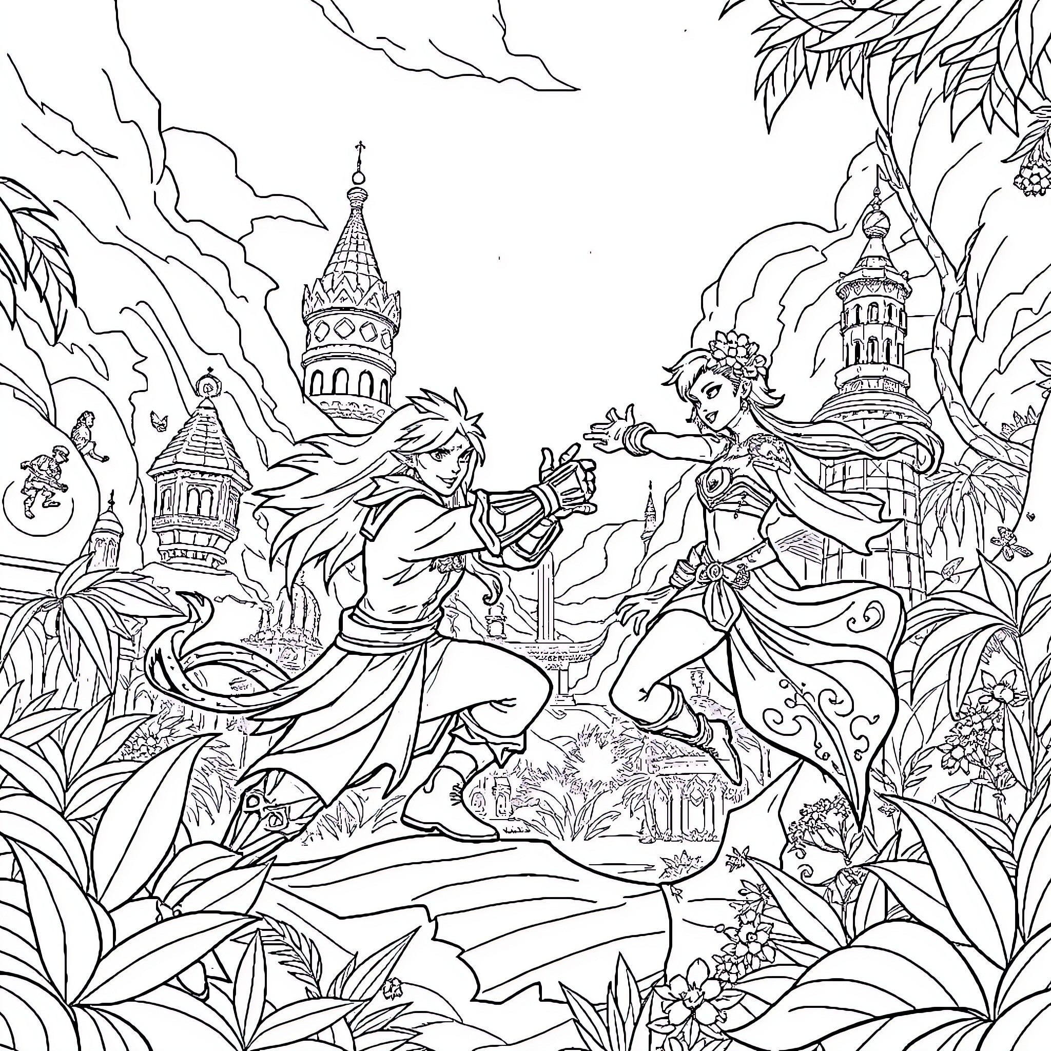 League of Legends: Adventurous Figures in Fantastical Landscapes Coloring Page (free black-and-white line drawing printable PDF for all, from beginners to advanced learners, including children, teens, adults, and seniors)