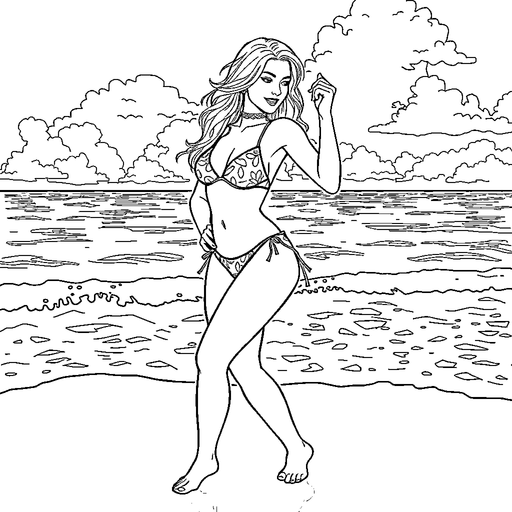 Dancer enjoying the beach scene Coloring Page (free black-and-white line drawing printable PDF for all, from beginners to advanced learners, including children, teens, adults, and seniors)