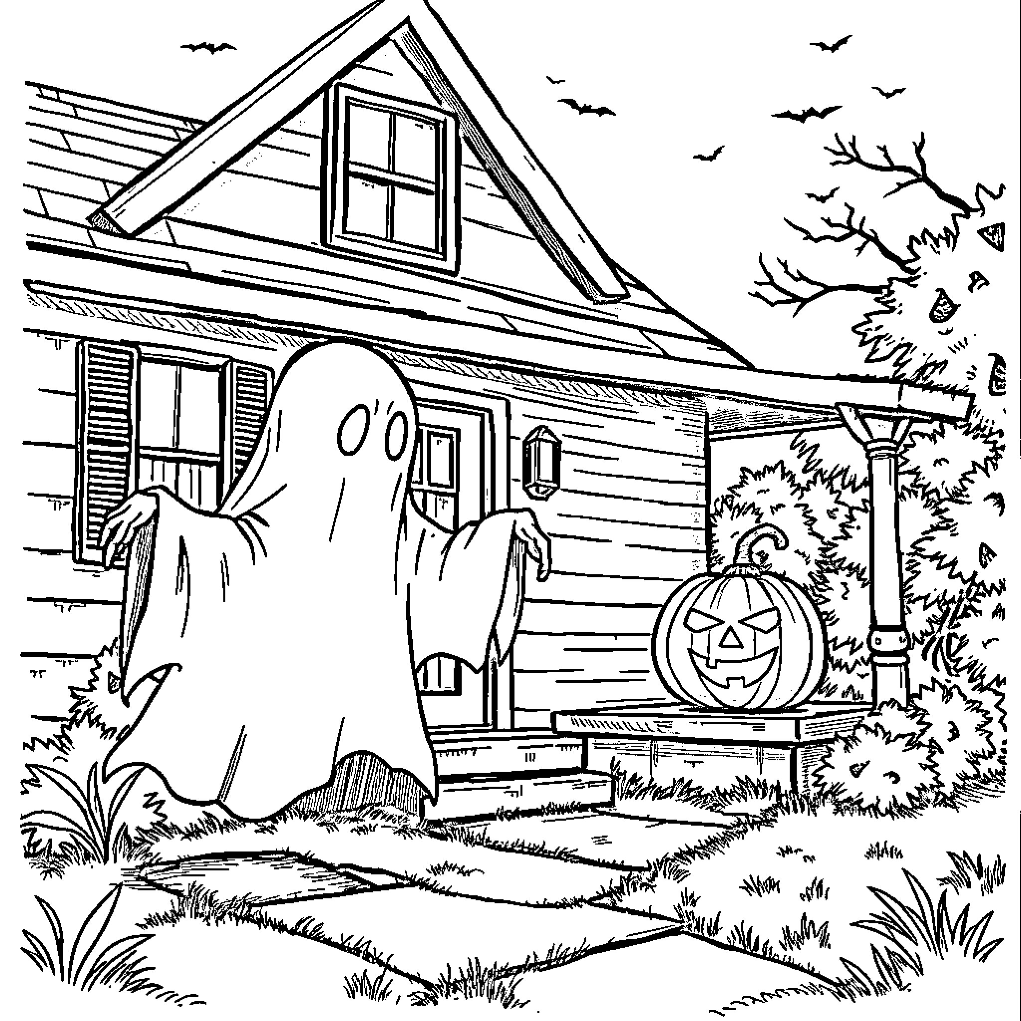 Ghost haunting a spooky Halloween house Coloring Page (free black-and-white line drawing printable PDF for all, from beginners to advanced learners, including children, teens, adults, and seniors)