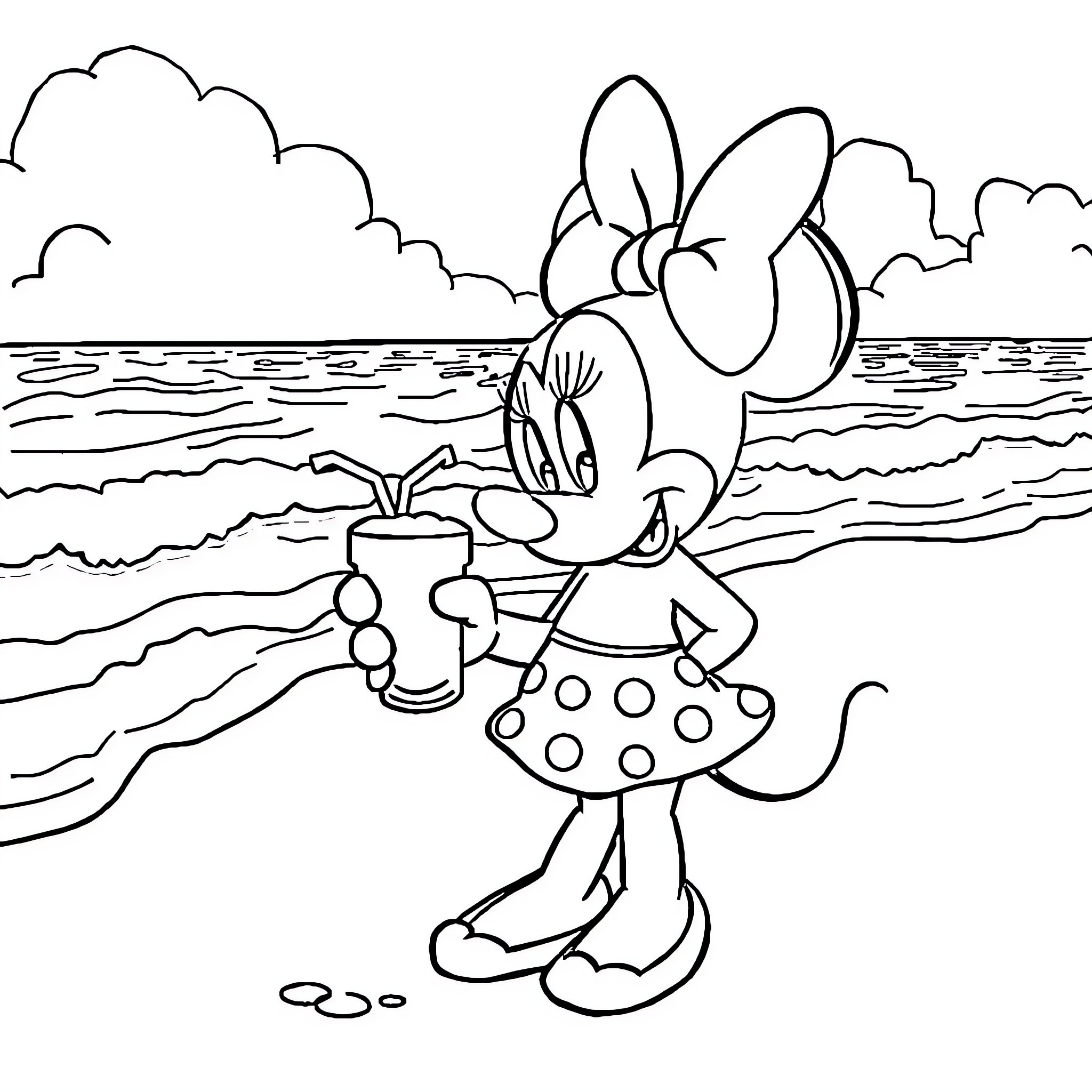 Minnie enjoying a summer day at the beach Coloring Page (free black-and-white line drawing printable PDF for all, from beginners to advanced learners, including children, teens, adults, and seniors)