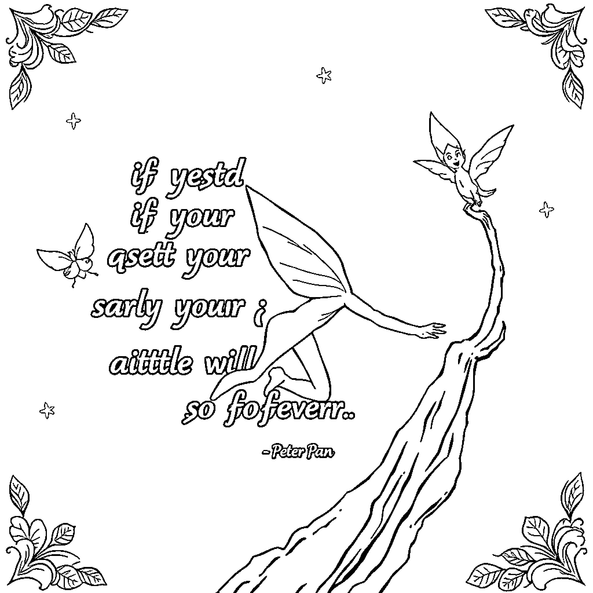 Peter Pan's Inspiring Message with Flying Fairy Coloring Page (free black-and-white line drawing printable PDF for all, from beginners to advanced learners, including children, teens, adults, and seniors)