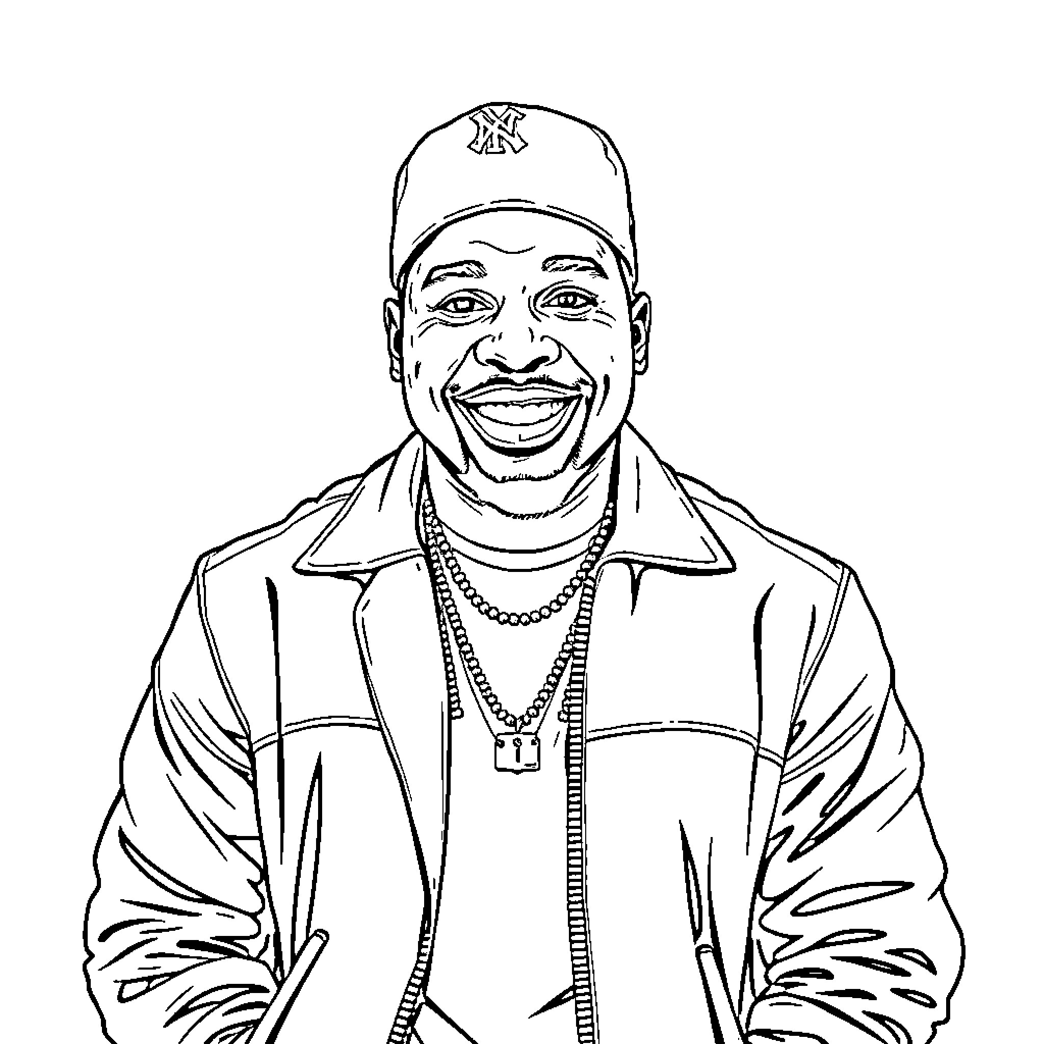 50 Cent in casual attire with a cheerful expression Coloring Page (free black-and-white line drawing printable PDF for all, from beginners to advanced learners, including children, teens, adults, and seniors)
