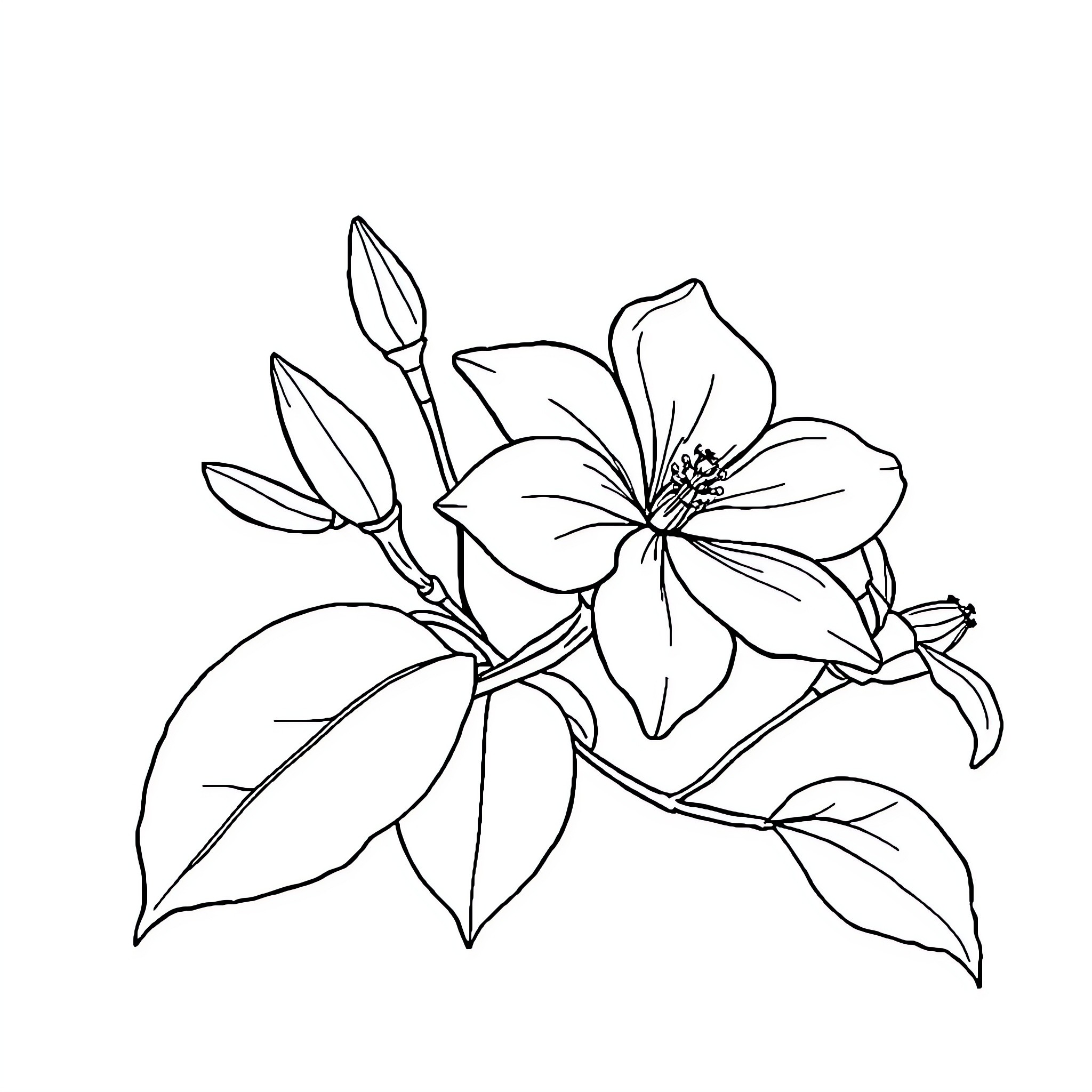Jasmine flower with leaves blooming Coloring Page (free black-and-white line drawing printable PDF for all, from beginners to advanced learners, including children, teens, adults, and seniors)