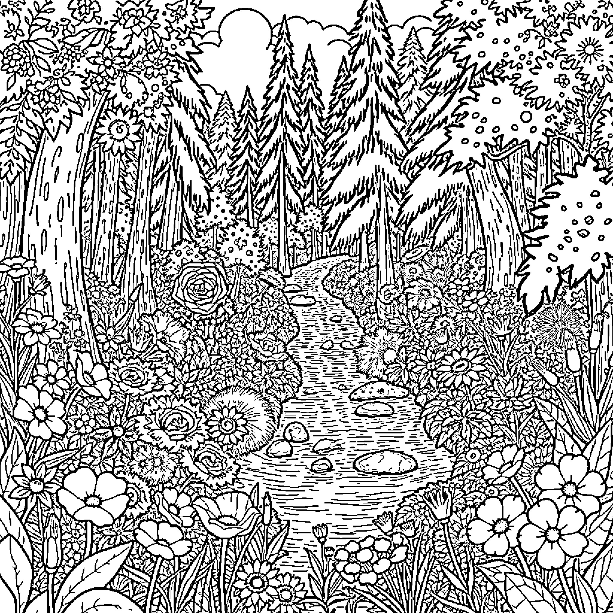 Éden in the Enchanted Forest Coloring Page (free black-and-white line drawing printable PDF for all, from beginners to advanced learners, including children, teens, adults, and seniors)